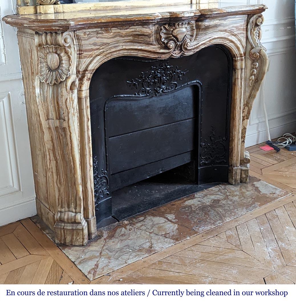 Hand-Carved Louis XV style mantel in onyx For Sale
