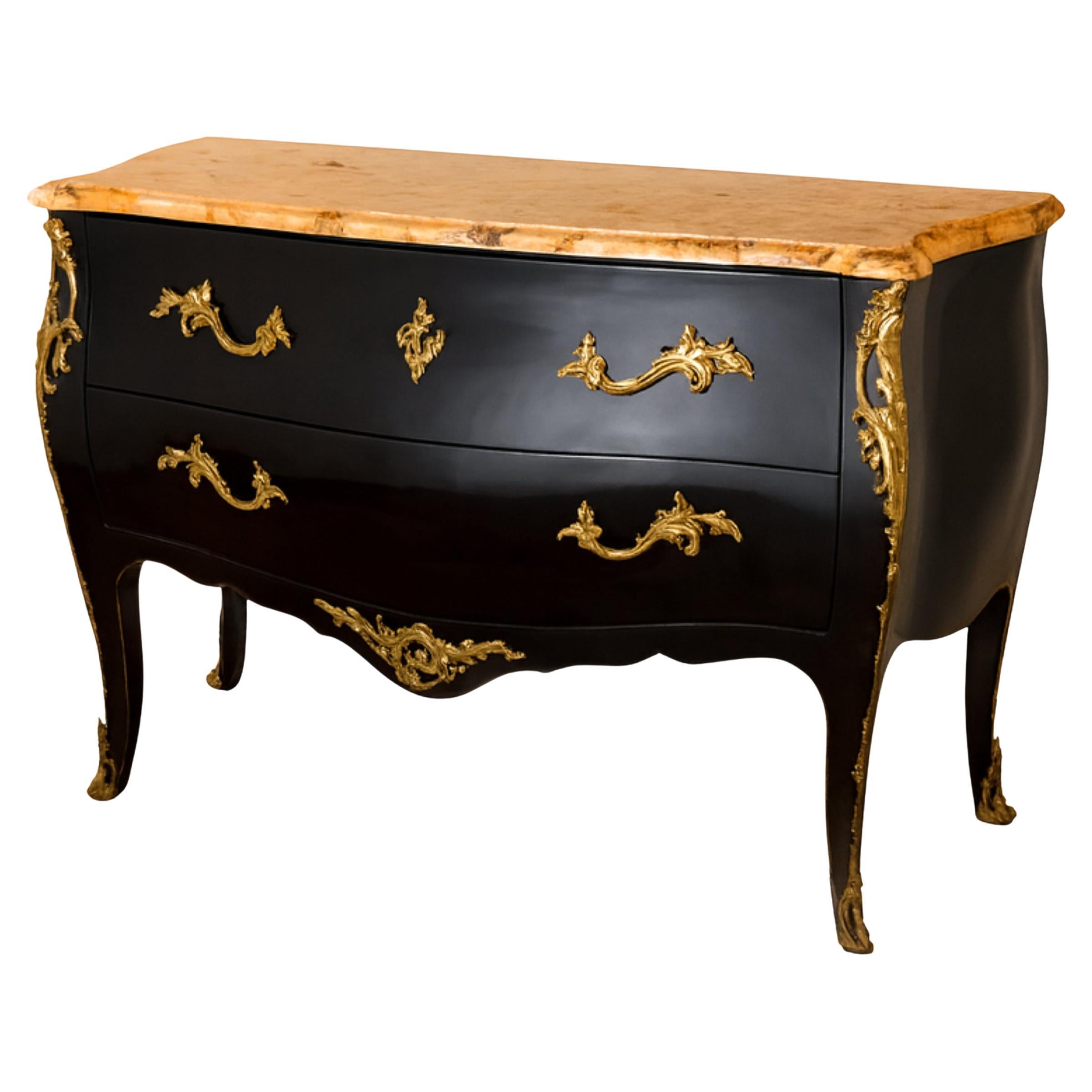 Louis XV Style Marble Black Lacquer Commode, 19th Century