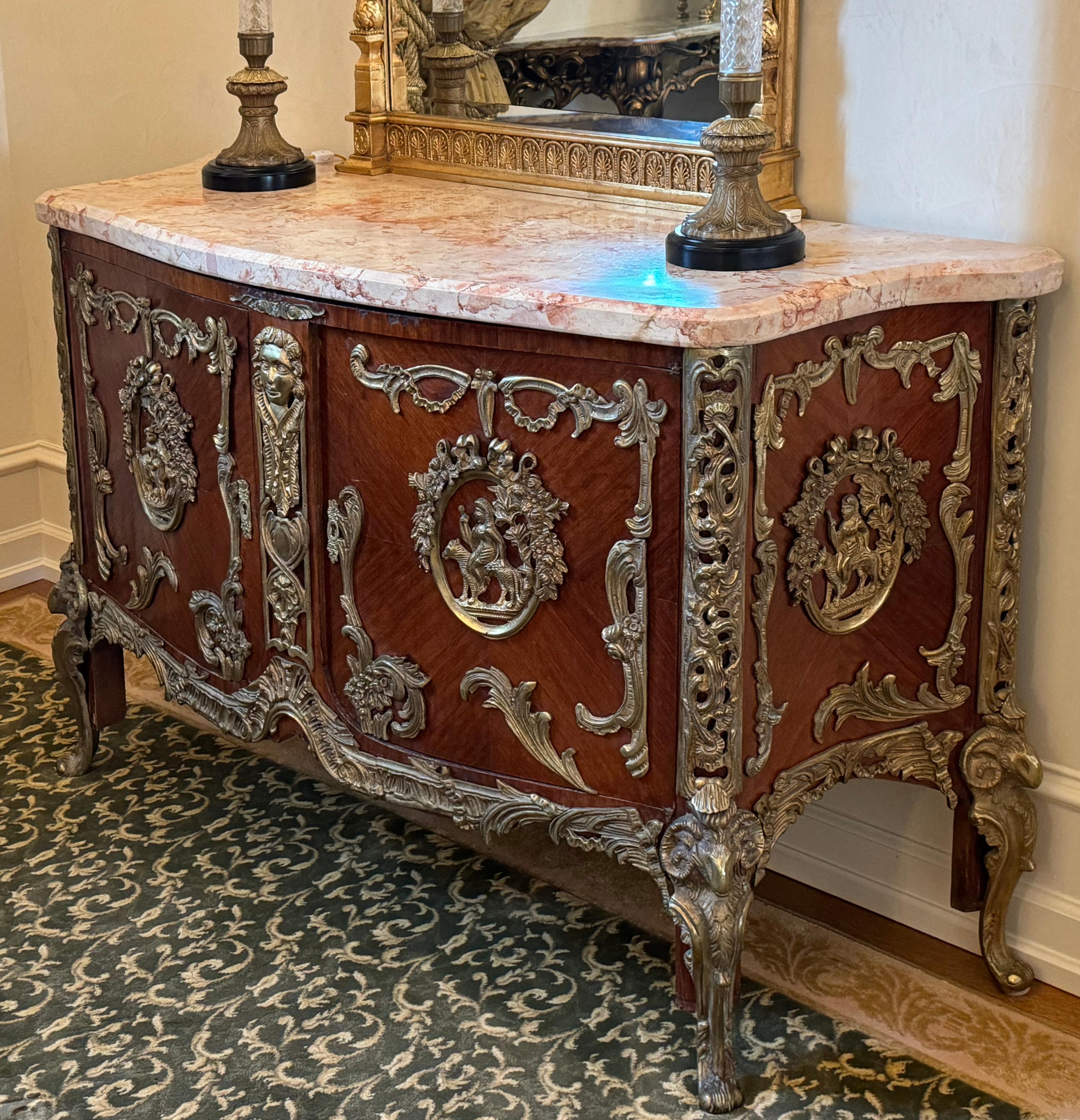 Louis XV Style Marble Top Bronze Mounted Amaranth Commode In Good Condition For Sale In West Palm Beach, FL