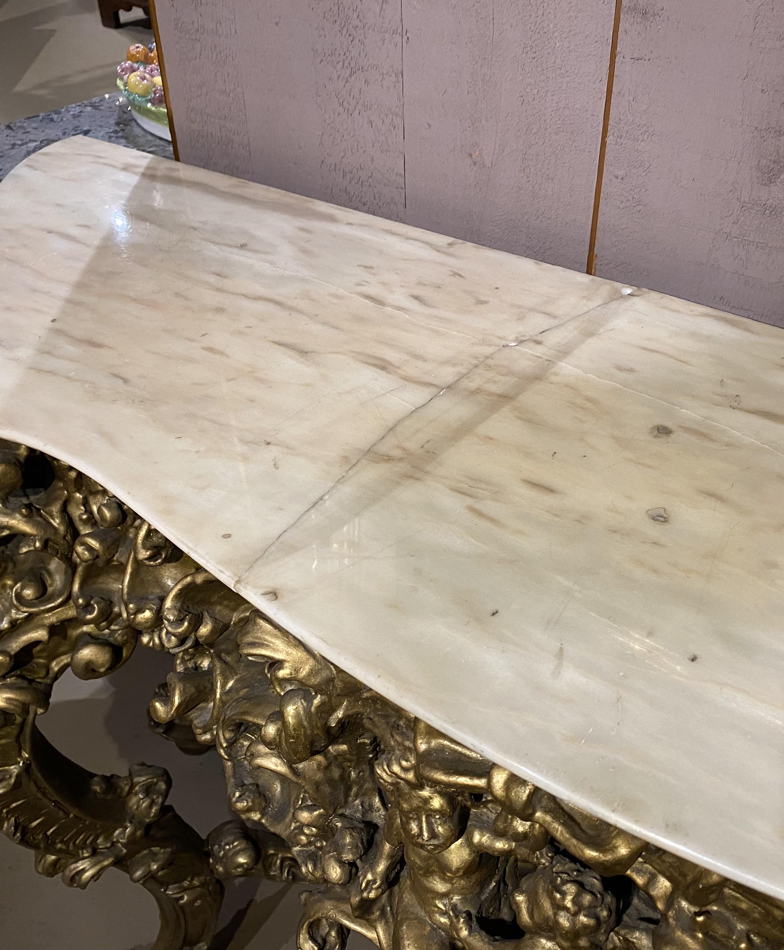 Louis XV Style Marble Top Carved Giltwood Console w/ Cherub & Figural Decoration For Sale 4