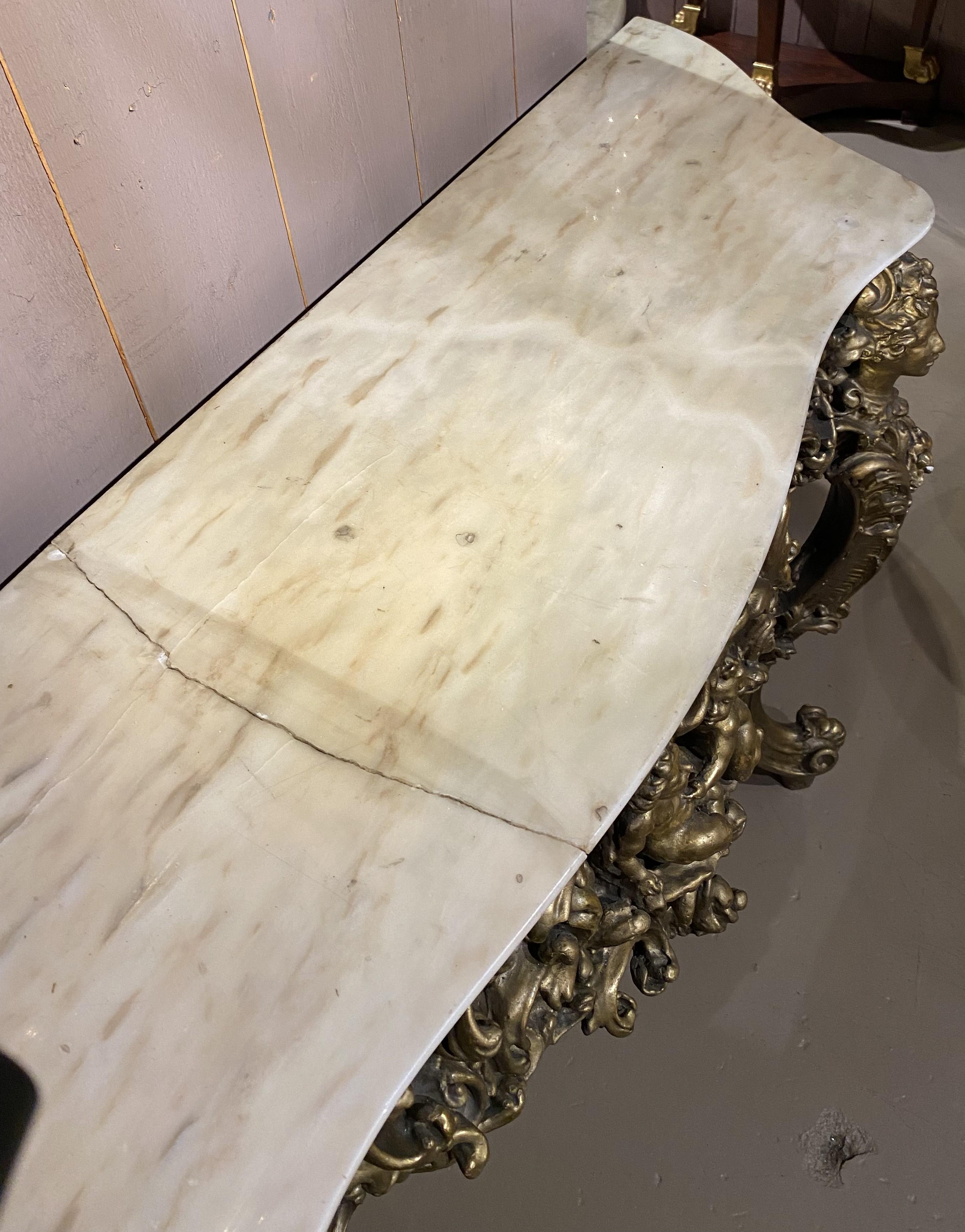 Louis XV Style Marble Top Carved Giltwood Console w/ Cherub & Figural Decoration For Sale 5