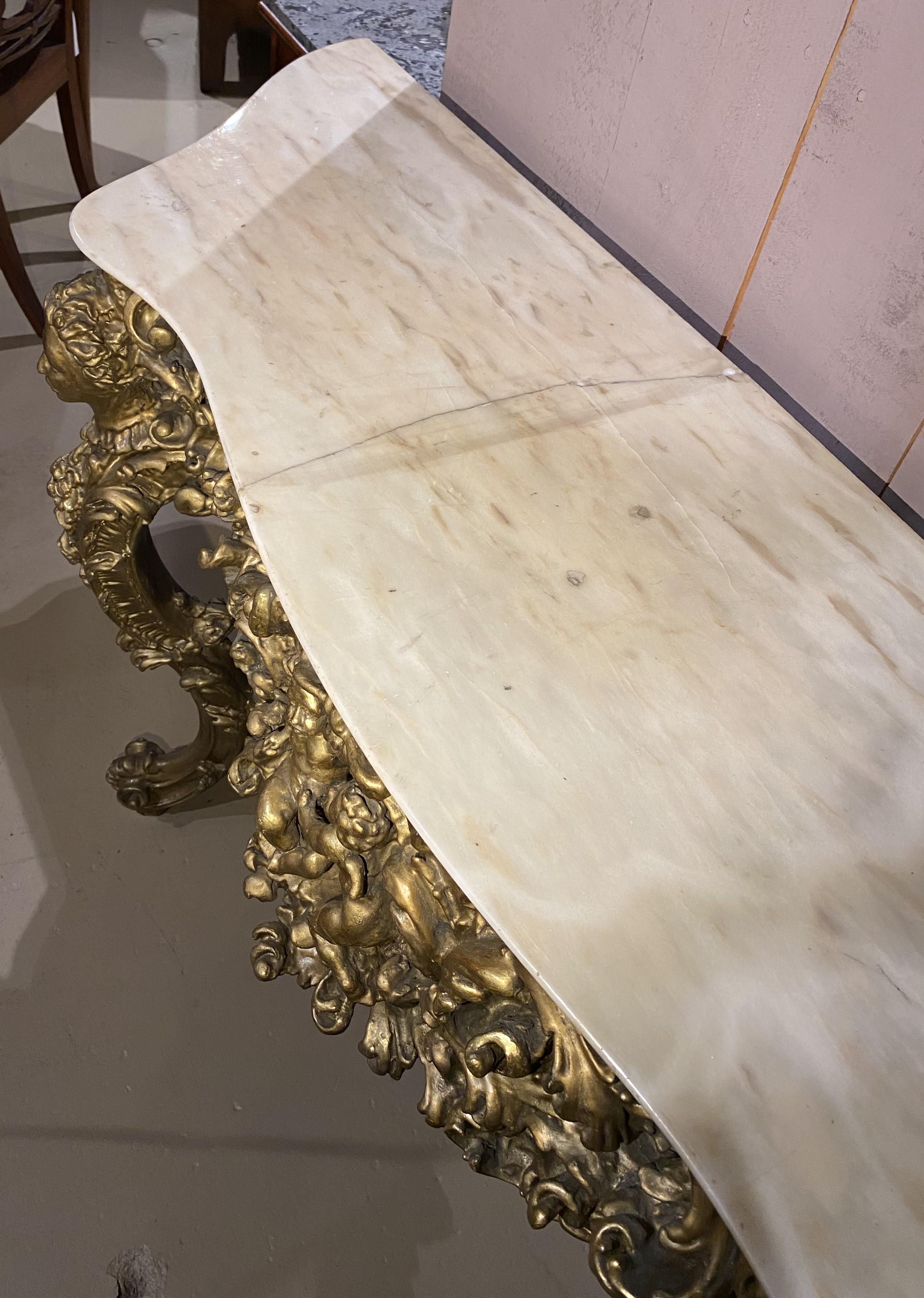 Louis XV Style Marble Top Carved Giltwood Console w/ Cherub & Figural Decoration For Sale 6