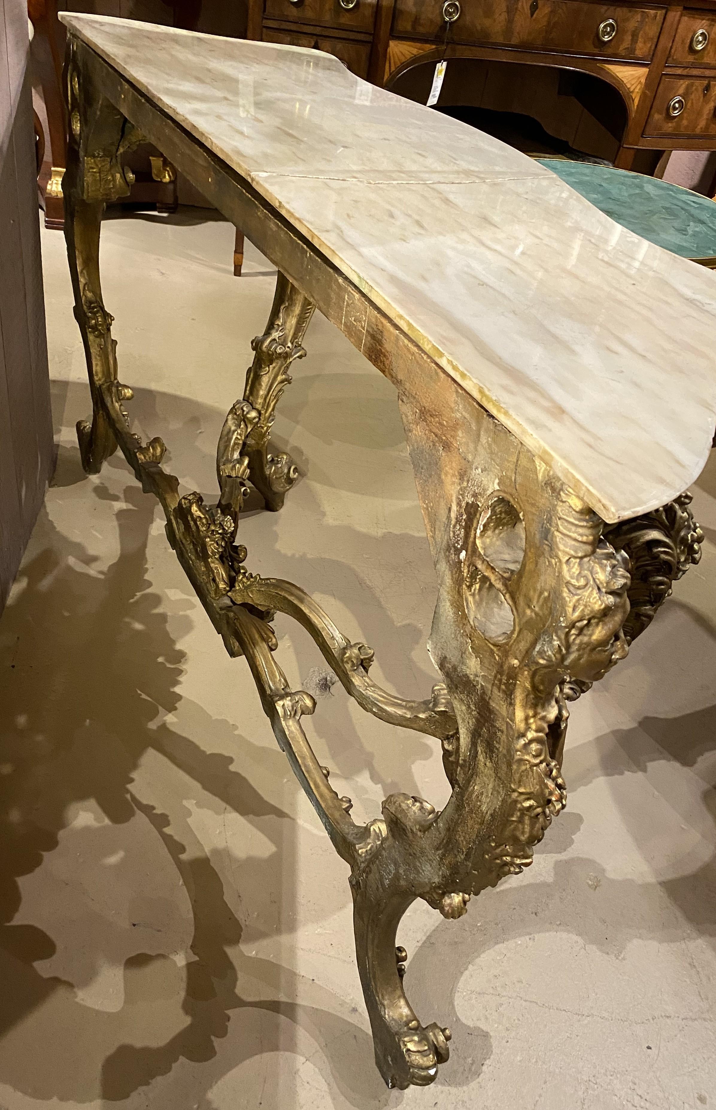 Louis XV Style Marble Top Carved Giltwood Console w/ Cherub & Figural Decoration For Sale 10