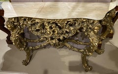 Louis XV Style Marble Top Carved Giltwood Console w/ Cherub & Figural Decoration
