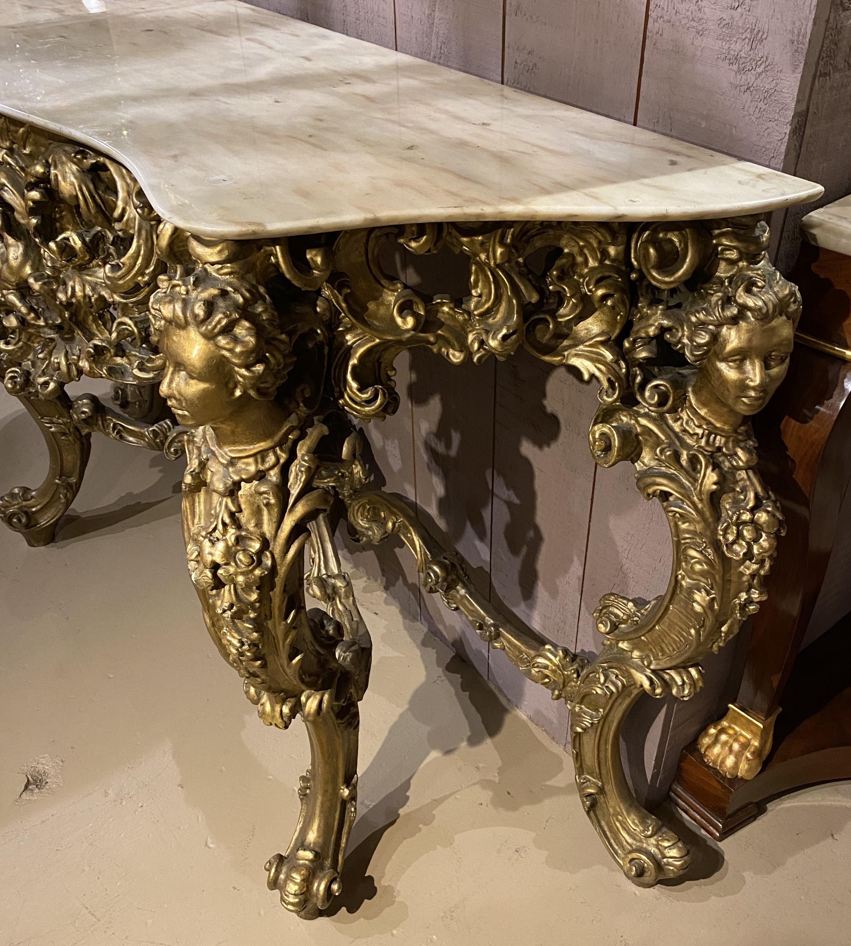 Louis XV Style Marble Top Carved Giltwood Console w/ Cherub & Figural Decoration In Good Condition For Sale In Milford, NH