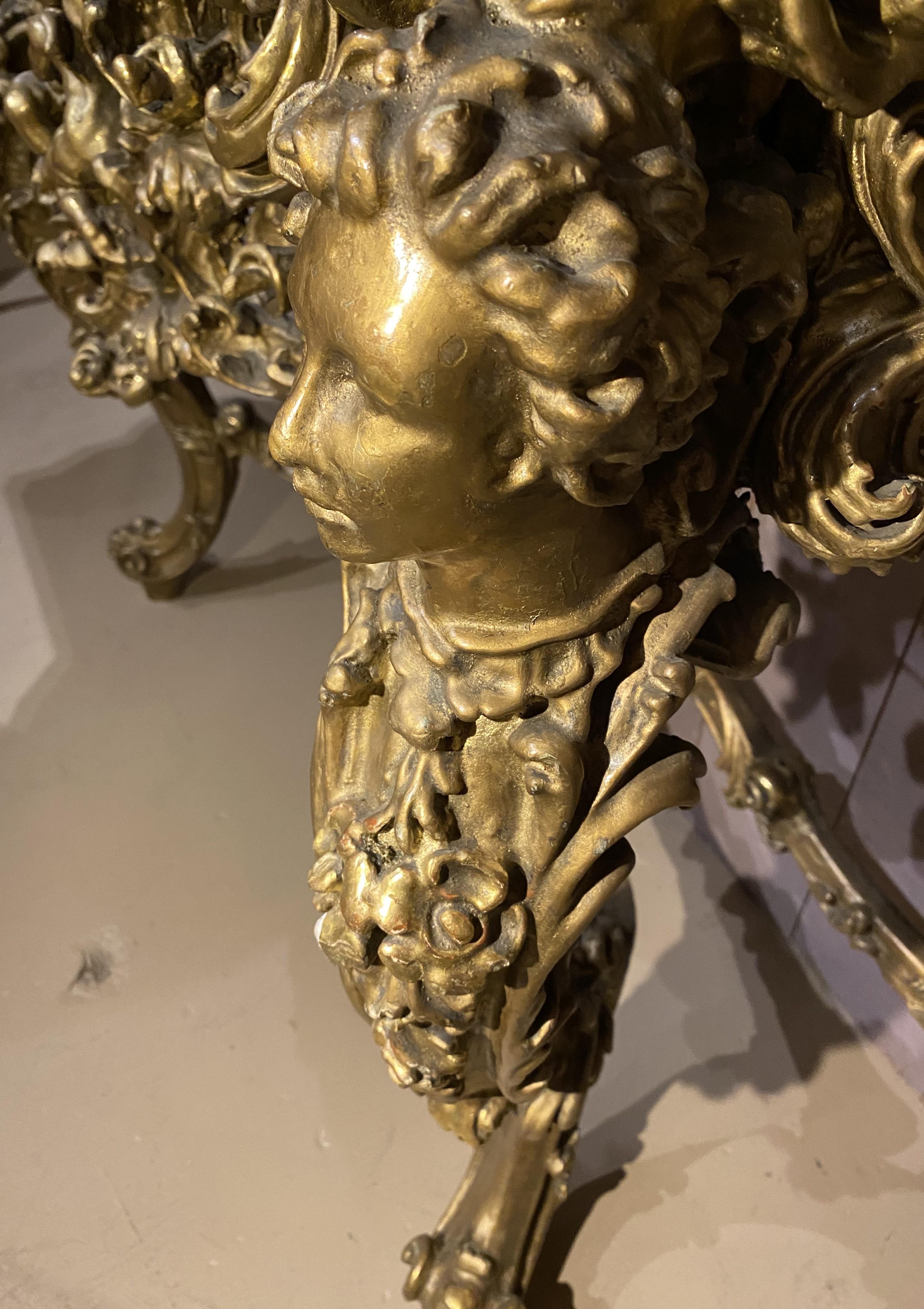 19th Century Louis XV Style Marble Top Carved Giltwood Console w/ Cherub & Figural Decoration For Sale