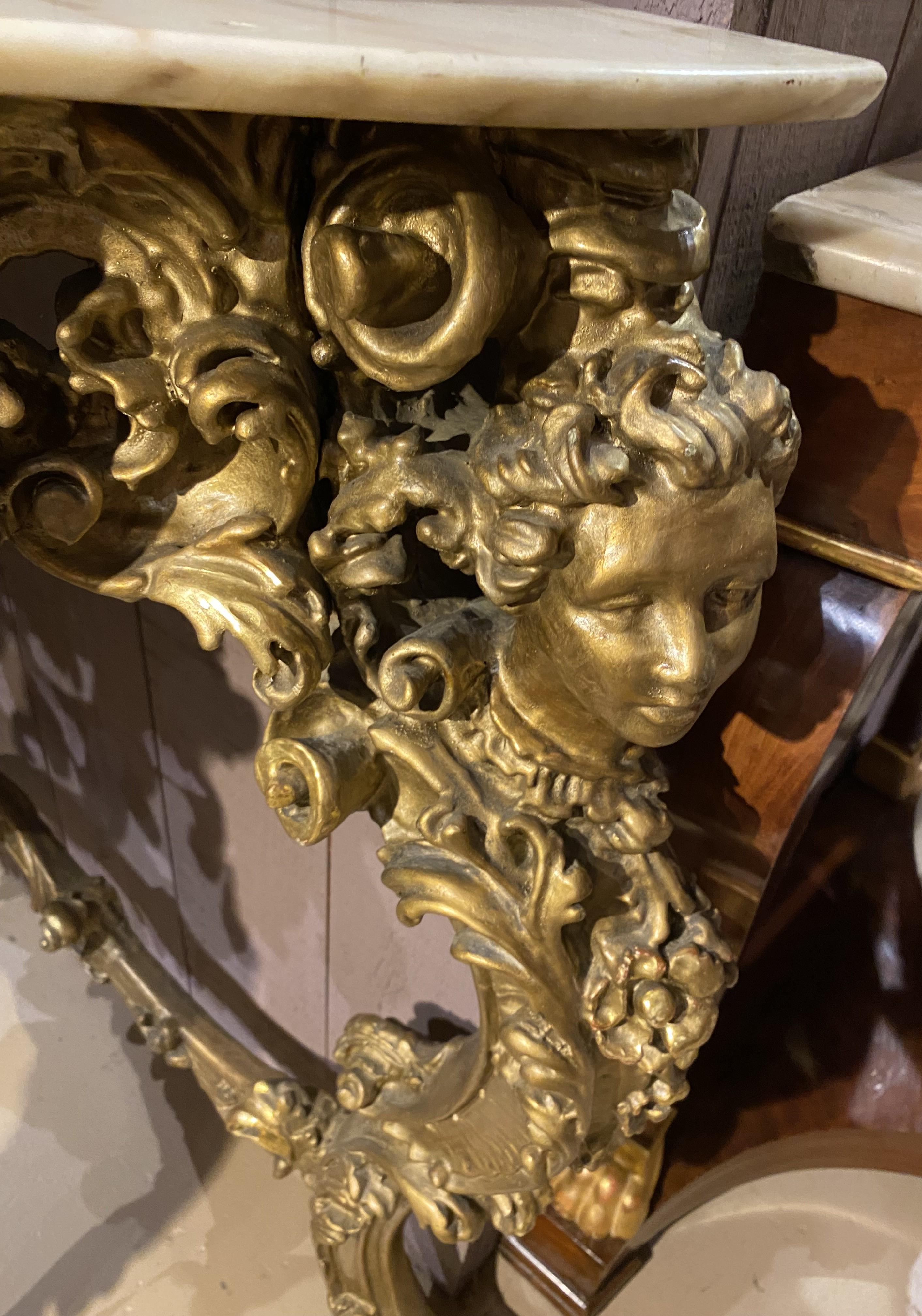 Louis XV Style Marble Top Carved Giltwood Console w/ Cherub & Figural Decoration For Sale 1