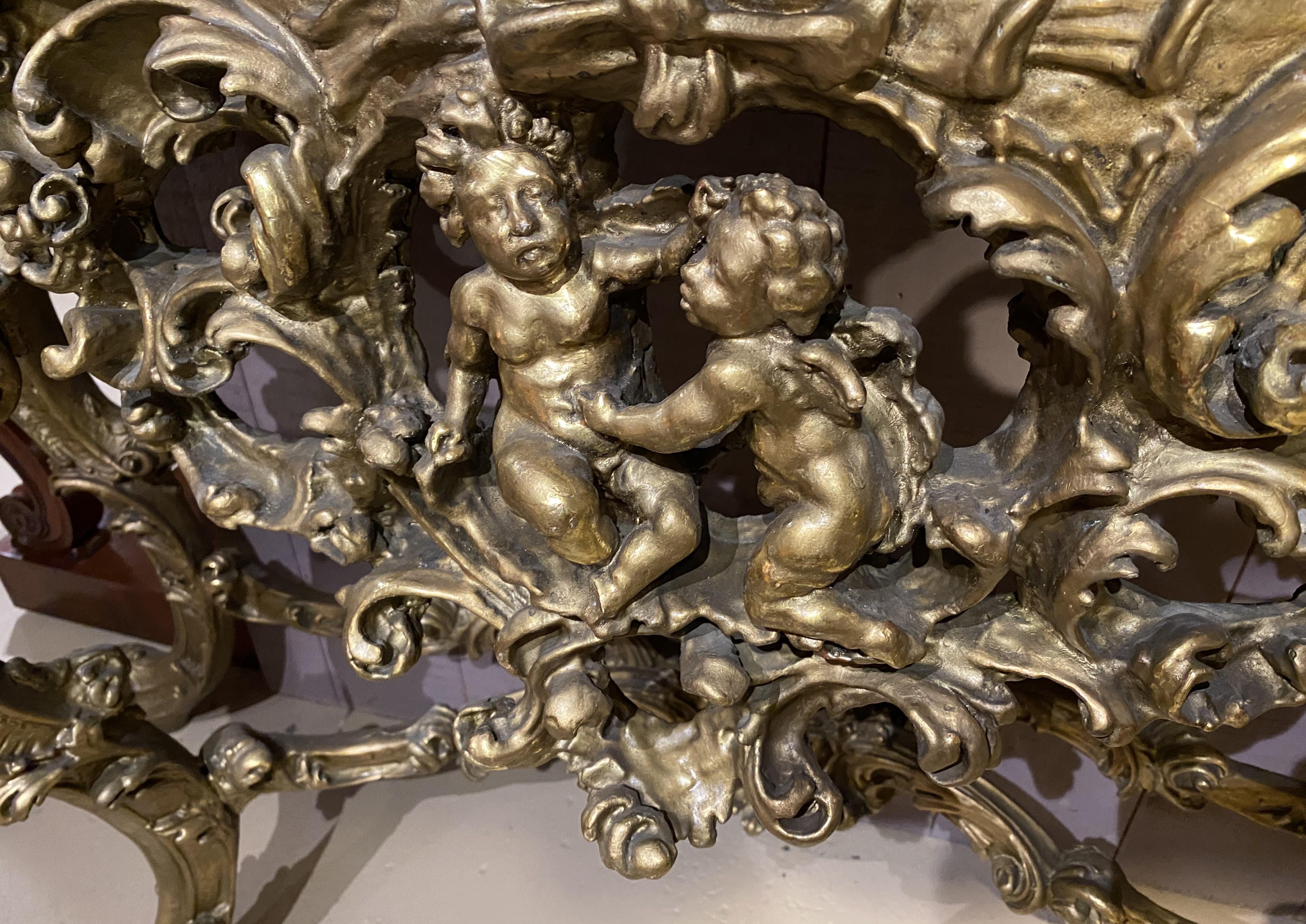 Louis XV Style Marble Top Carved Giltwood Console w/ Cherub & Figural Decoration For Sale 2