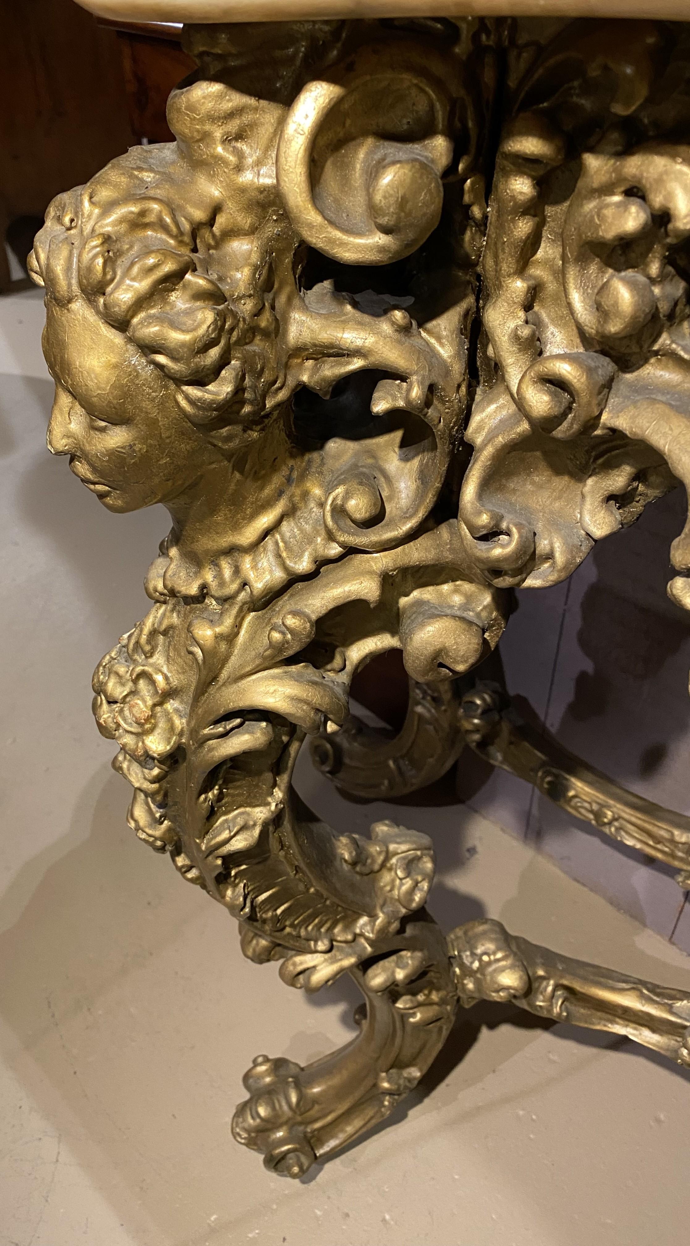 Louis XV Style Marble Top Carved Giltwood Console w/ Cherub & Figural Decoration For Sale 3