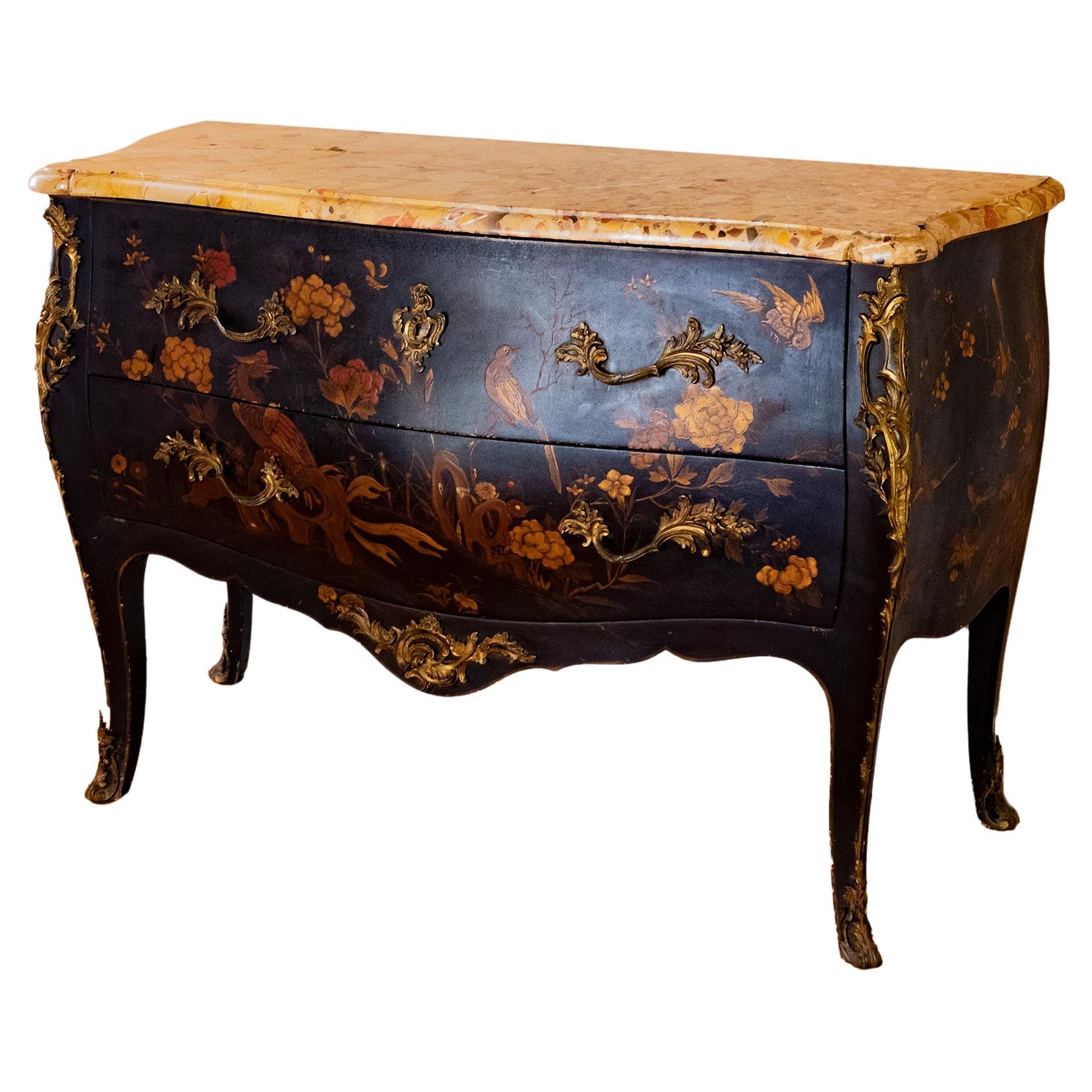 Louis XV Style Marble Top Chinese Lacquered Commode