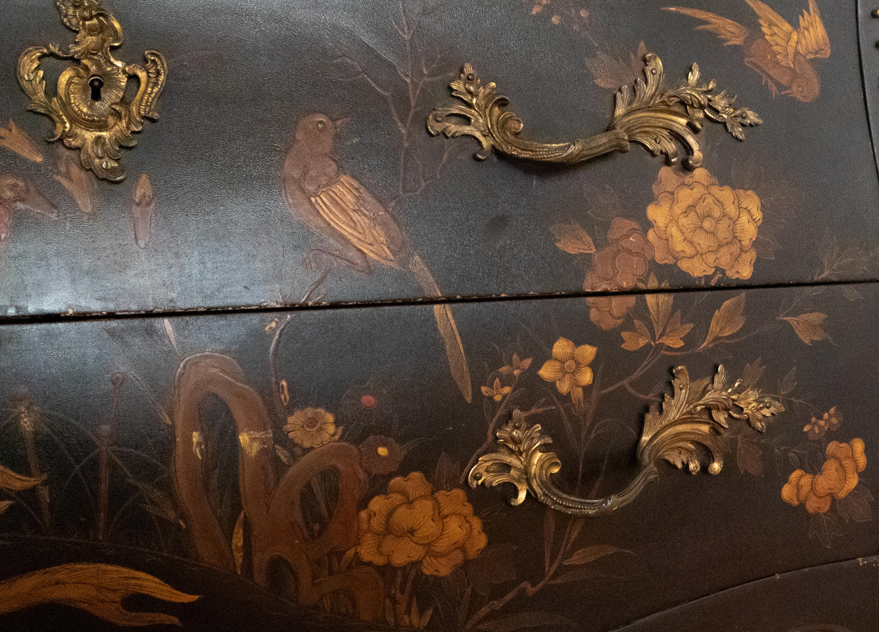 Bronze Louis XV Style Marble Top Chinese Lacquered Stamped Commode For Sale