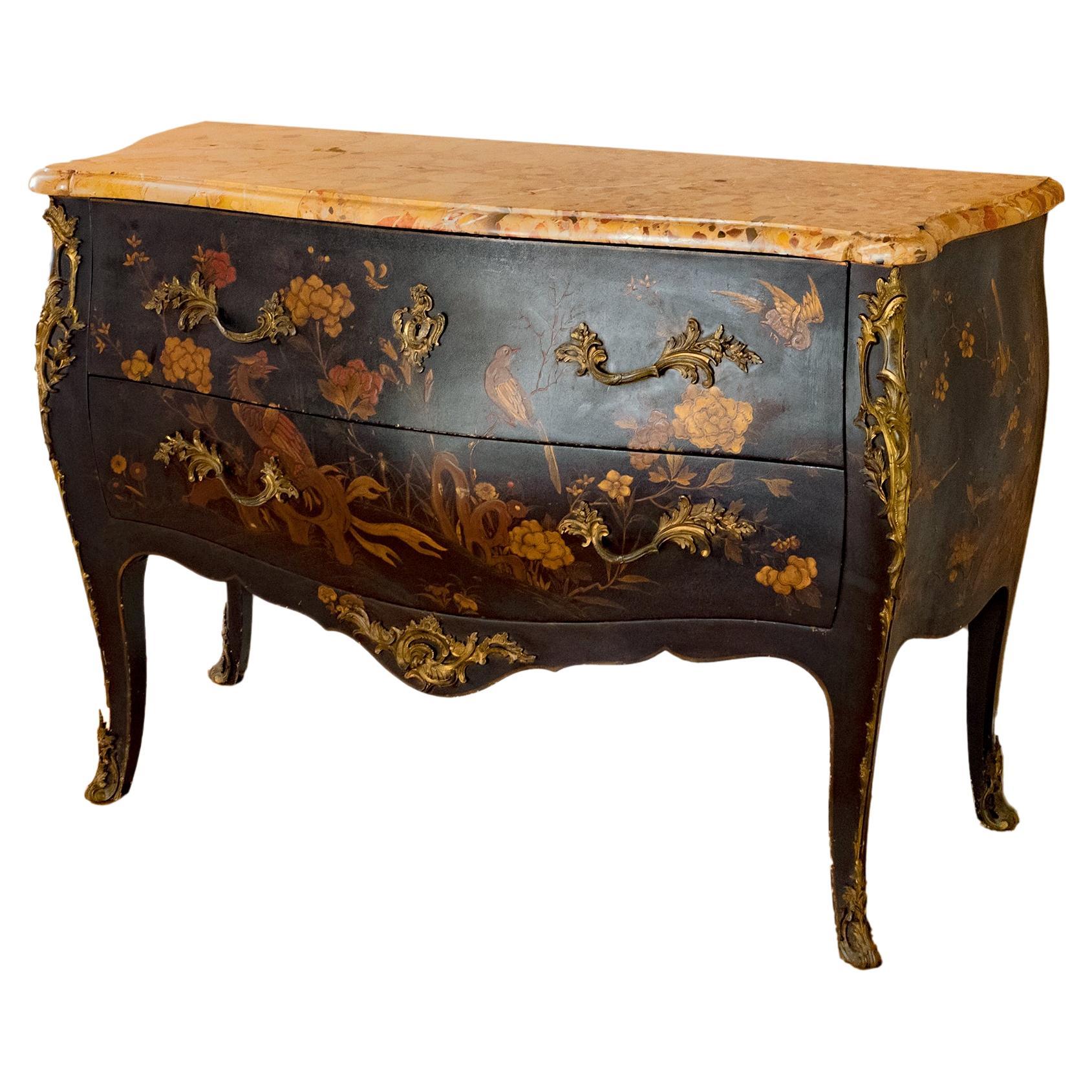 Louis XV Style Marble Top Chinese Lacquered Stamped Commode For Sale