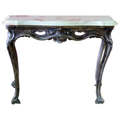 Antique Silver Leaf Gilt Wood Louis XV Style Green Onyx Top Console Table