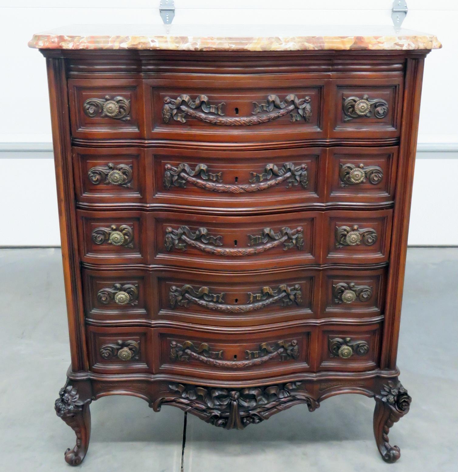 Louis XV style 5-drawer marble-top dresser.