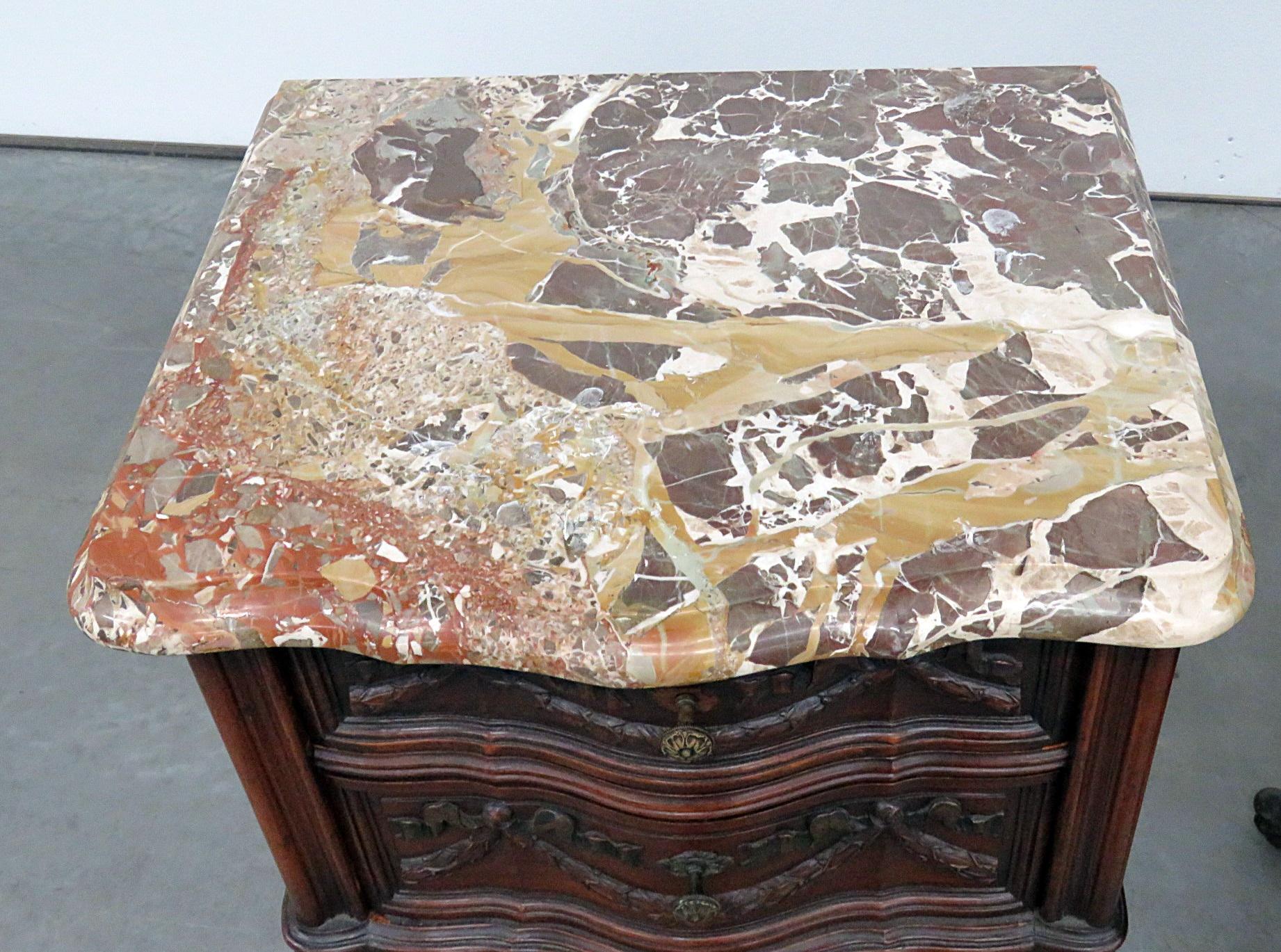 Pair of Louis XV style 2-drawer marble-top end tables.