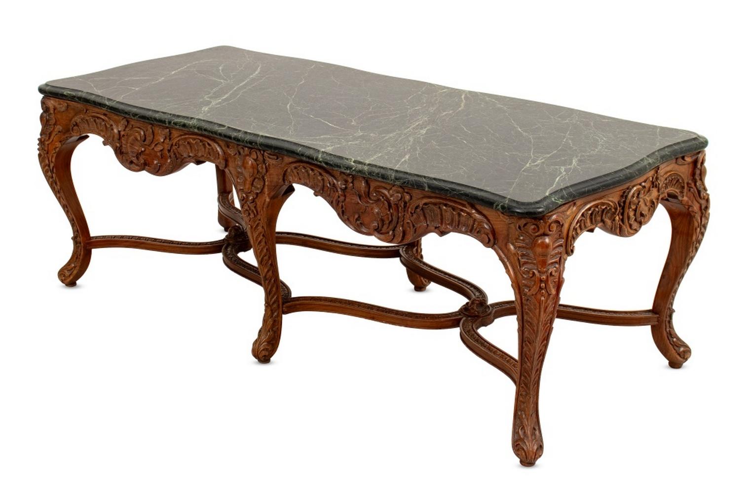 Louis XV Style Marble Top Low Table, floral motif carved wood, cabriole legs, and black marble with white veins. 17.5