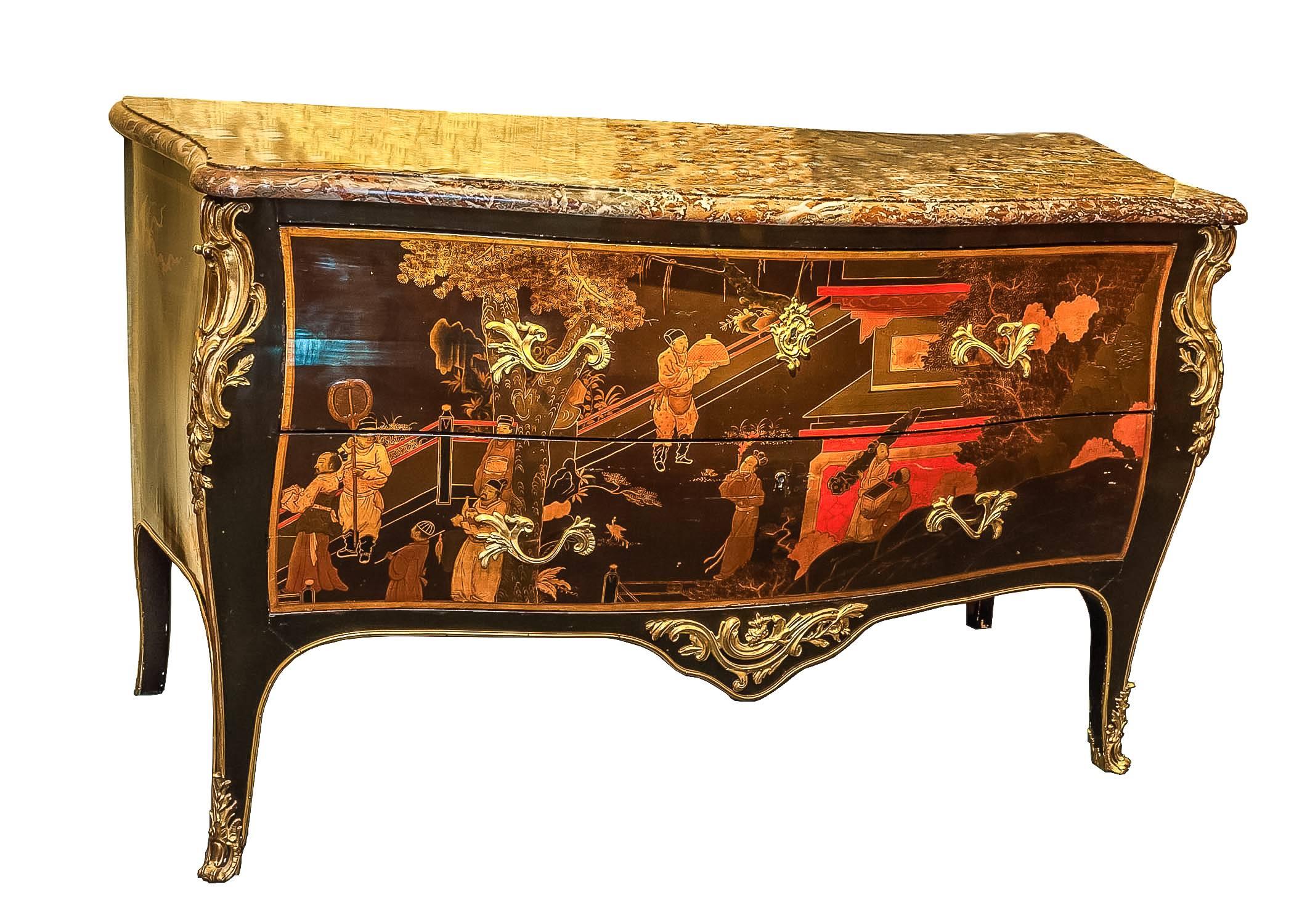 A chinoiserie Louis XV style marble-top commode by Joseph Pierre Francois Jeanselme.  Stamped: Jeanselme.  Stock number: F19.