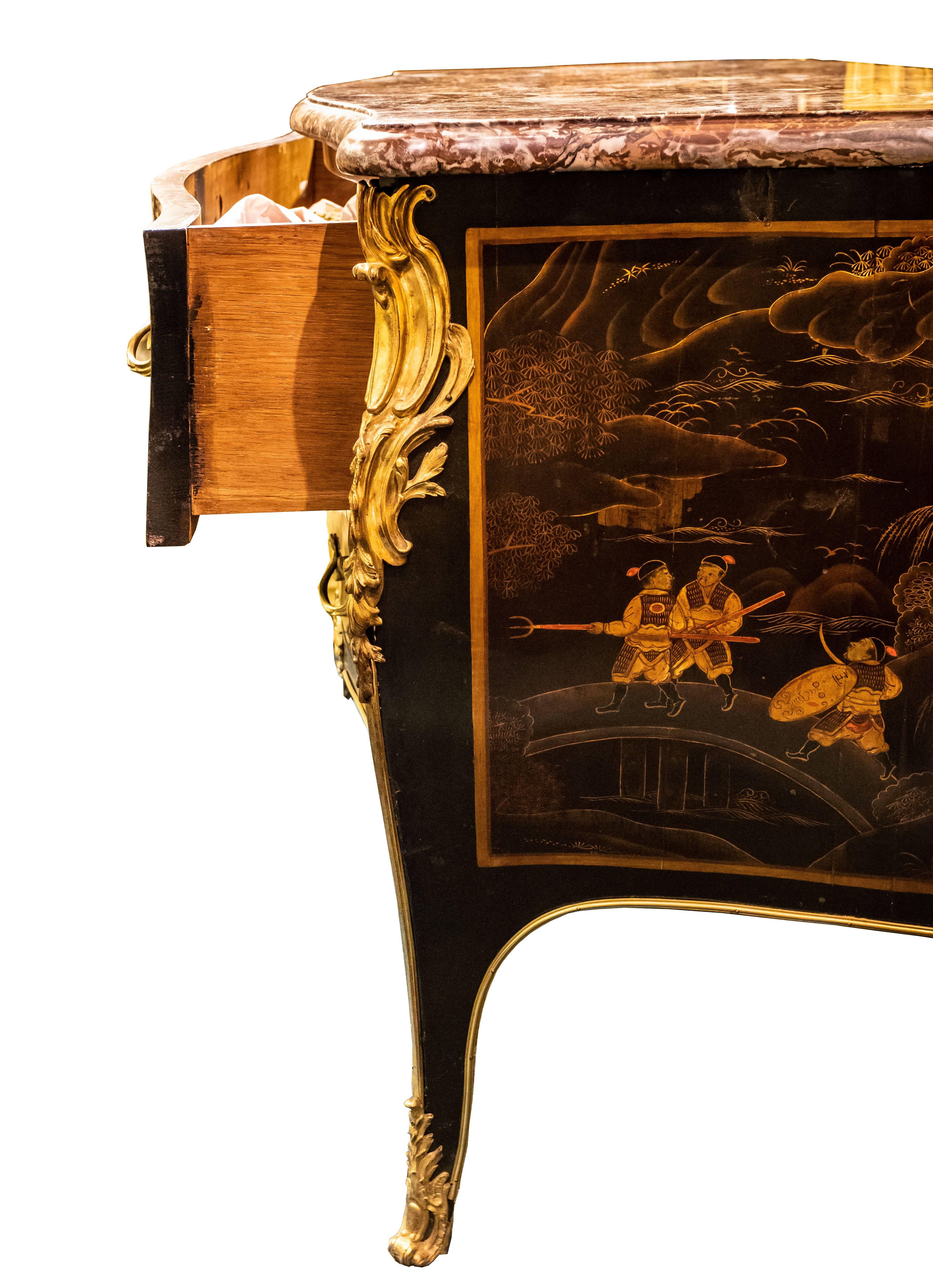 19th Century Jeanselme Louis XV Style Marble Top Chinese Lacquered and Japanned Commode For Sale