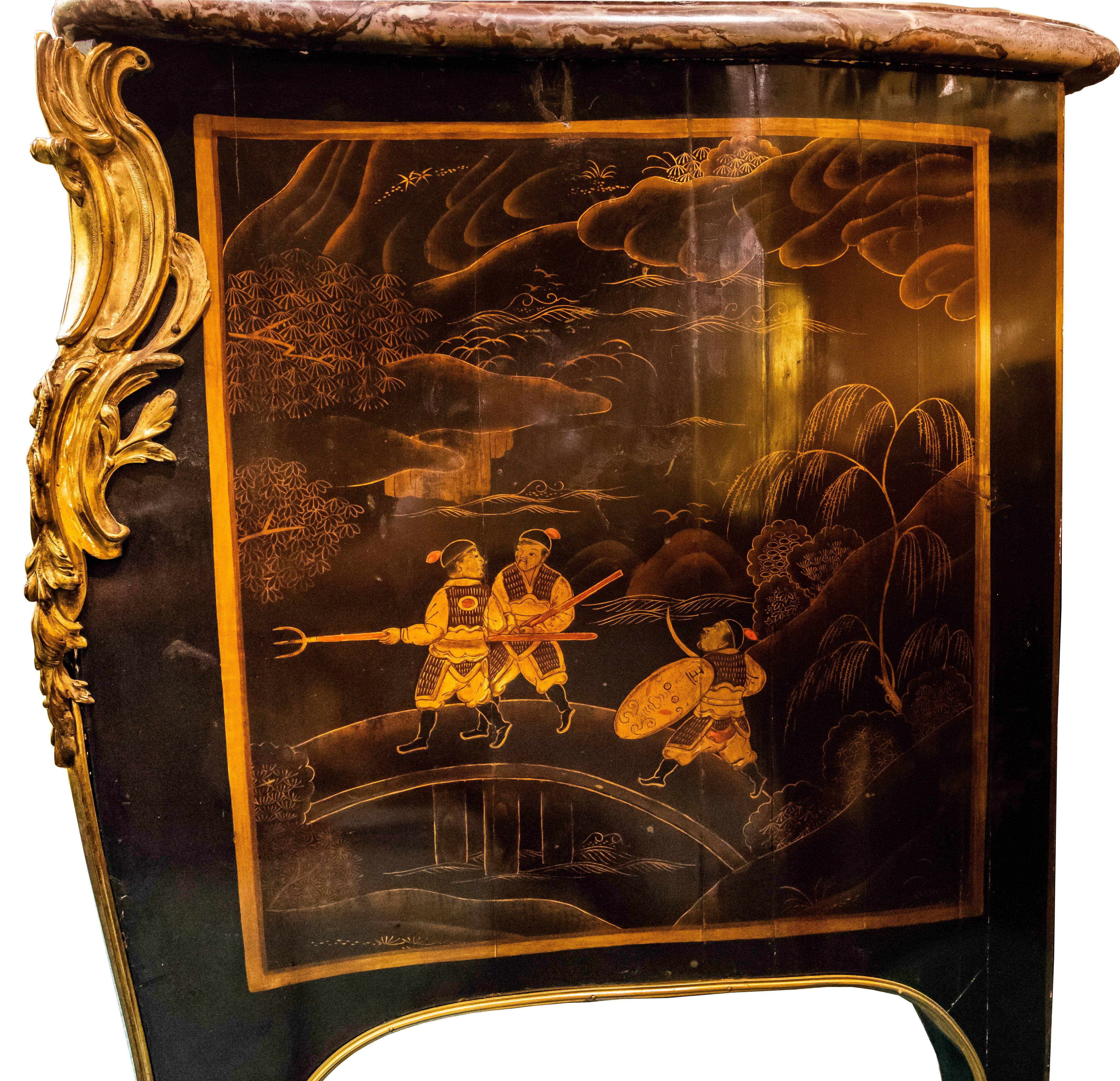 Bronze Jeanselme Louis XV Style Marble Top Chinese Lacquered and Japanned Commode For Sale