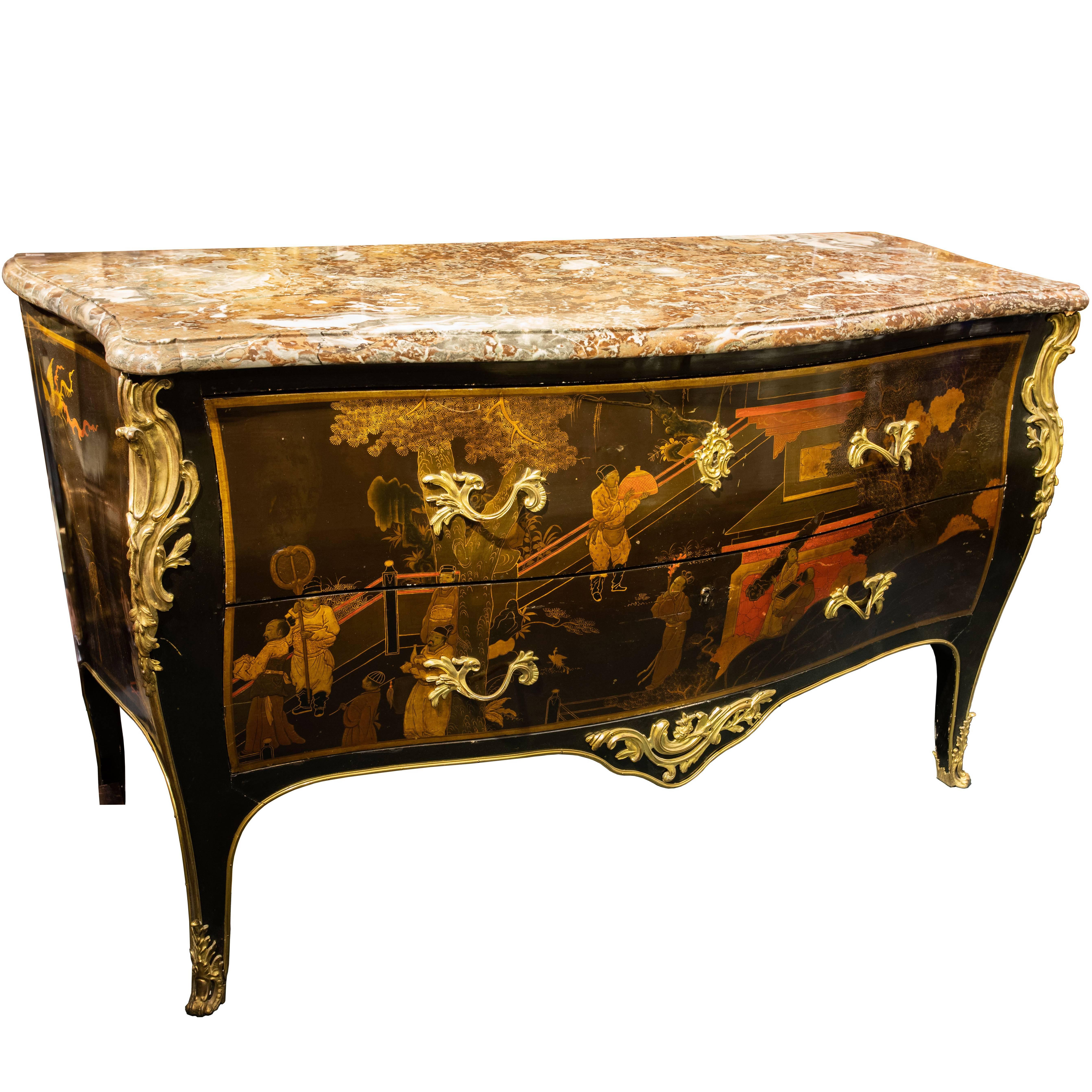 Jeanselme Louis XV Style Marble Top Chinese Lacquered and Japanned Commode