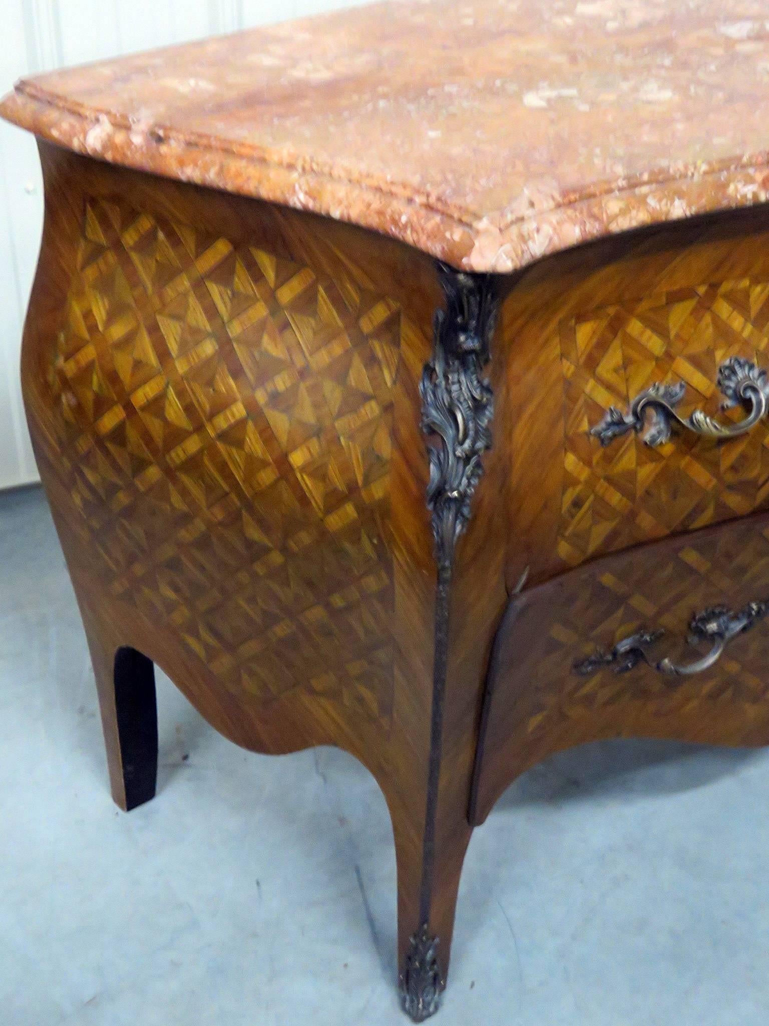 Louis XV style marble-top, inlaid marquetry two-drawer commode.