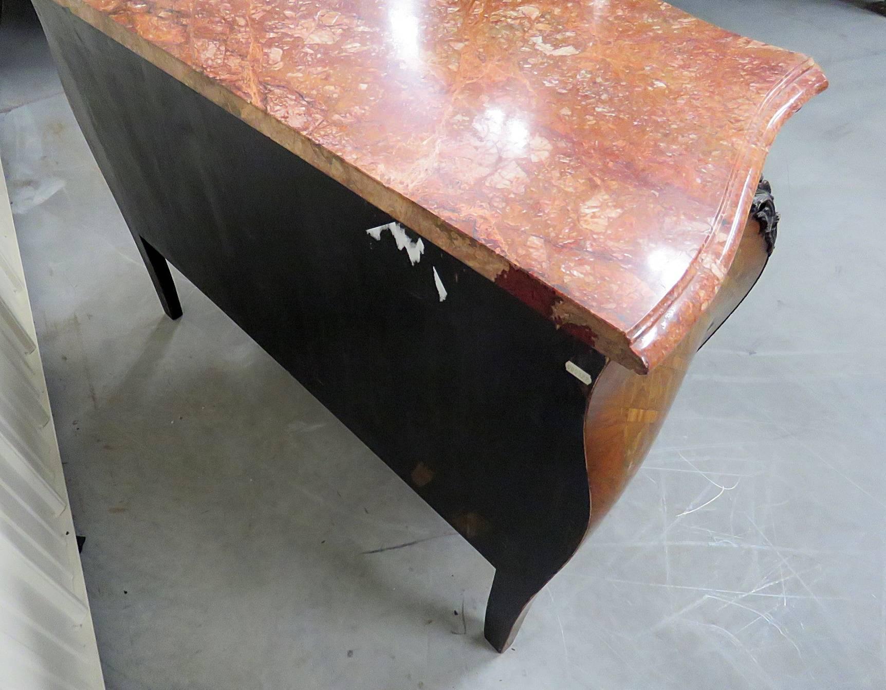 Mid-20th Century Inlaid Kingwood French Louis XV Style Marble Top Marquetry Commode Dresser For Sale
