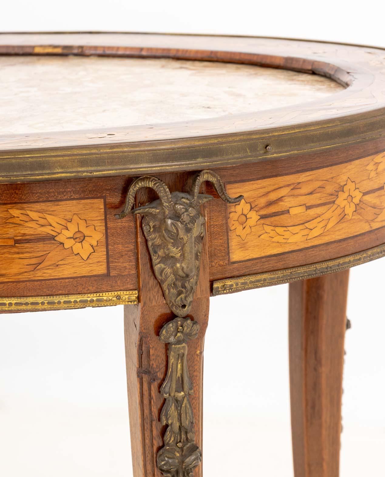 Marquetry Louis XV Style Marble Top Walnut Coffee Table For Sale