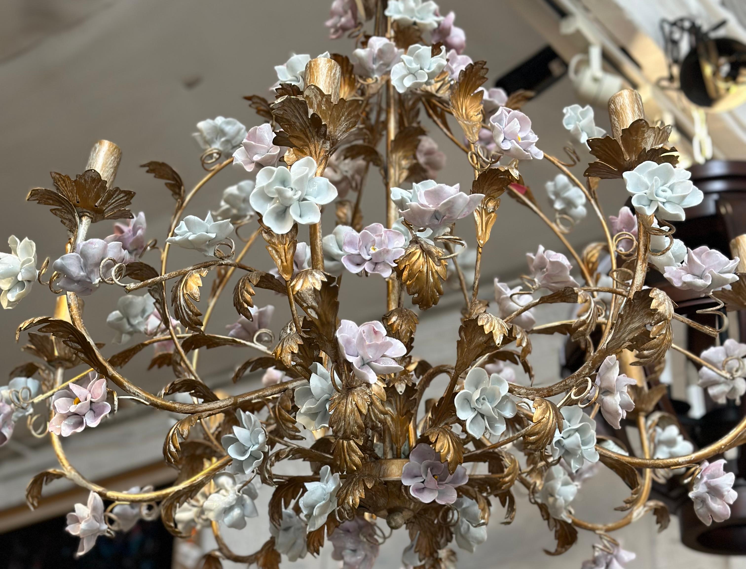 Italian Louis XV Style Marie Antoinette Gilt Metal & Porcelain Flower Chandelier