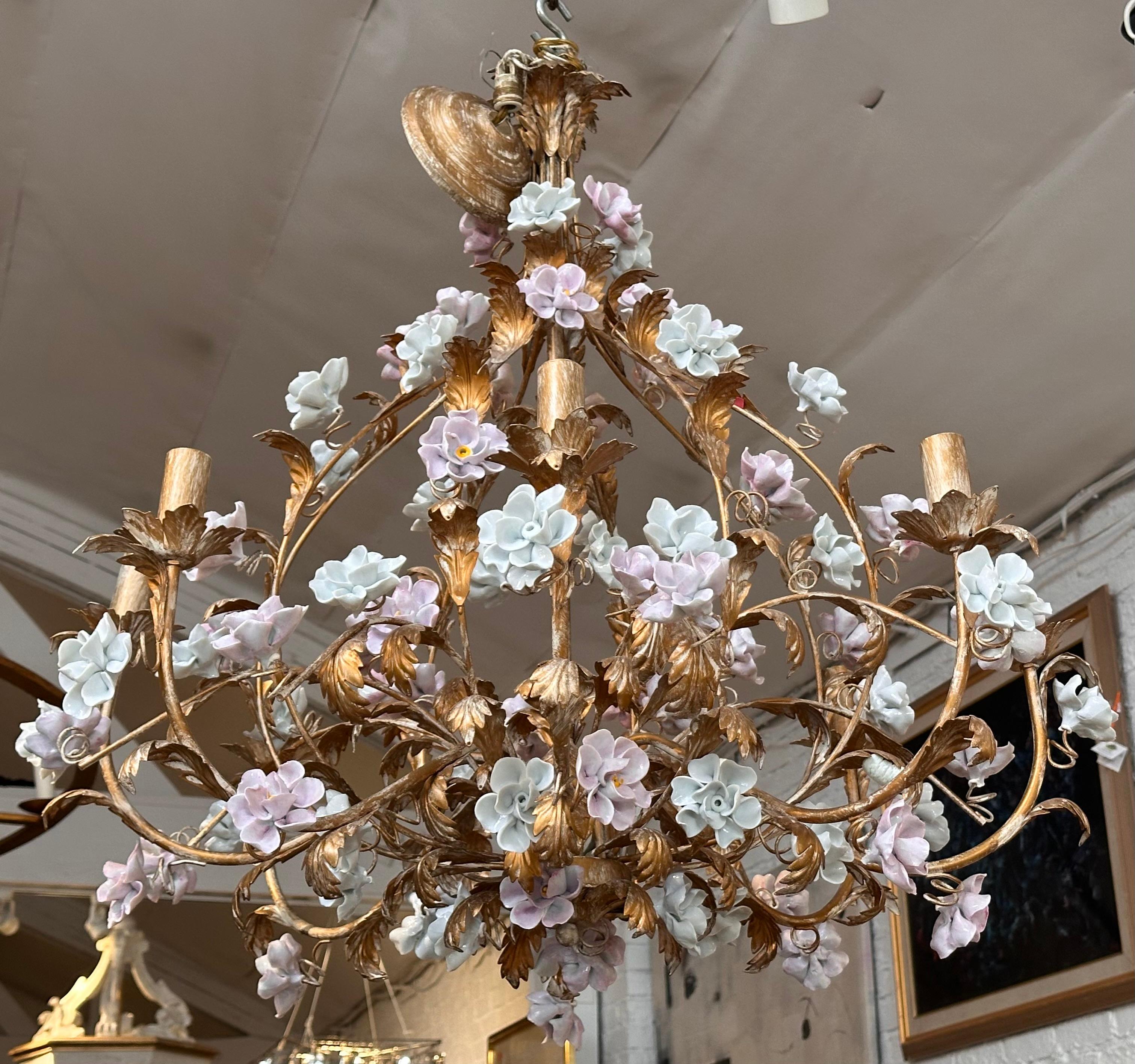 20th Century Louis XV Style Marie Antoinette Gilt Metal & Porcelain Flower Chandelier