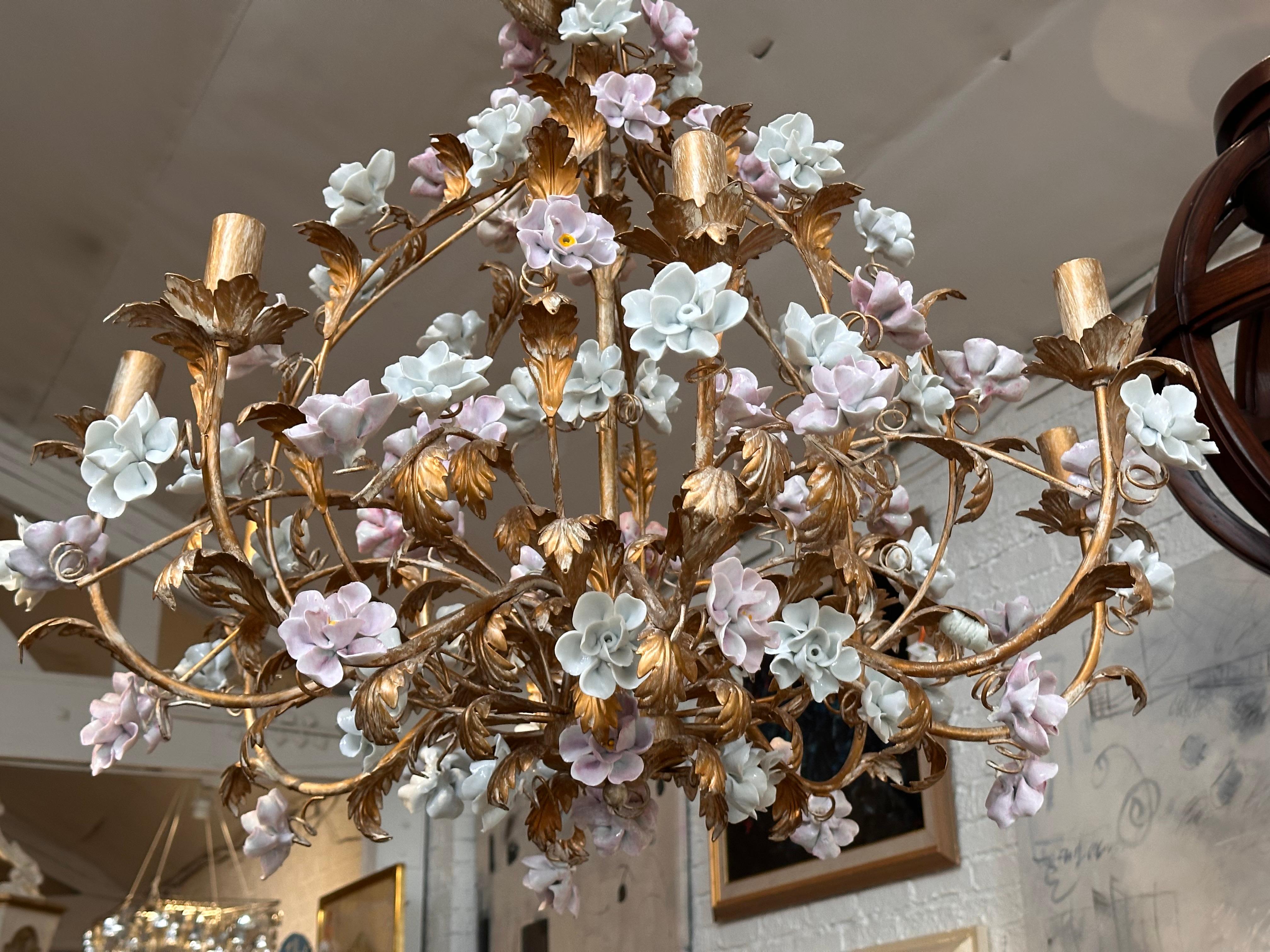 Louis XV Style Marie Antoinette Gilt Metal & Porcelain Flower Chandelier 1