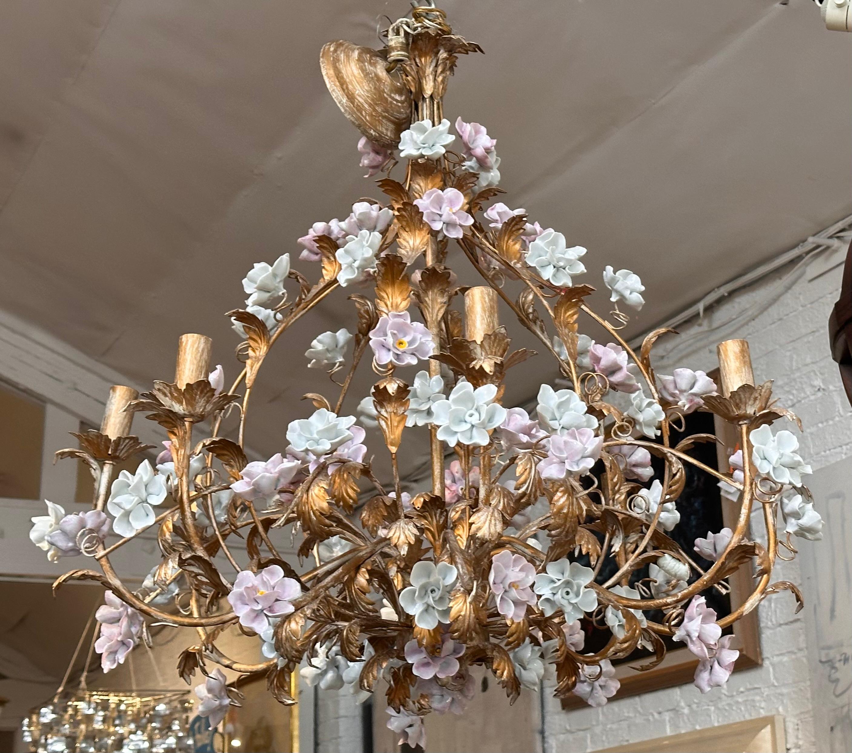 Louis XV Style Marie Antoinette Gilt Metal & Porcelain Flower Chandelier 2