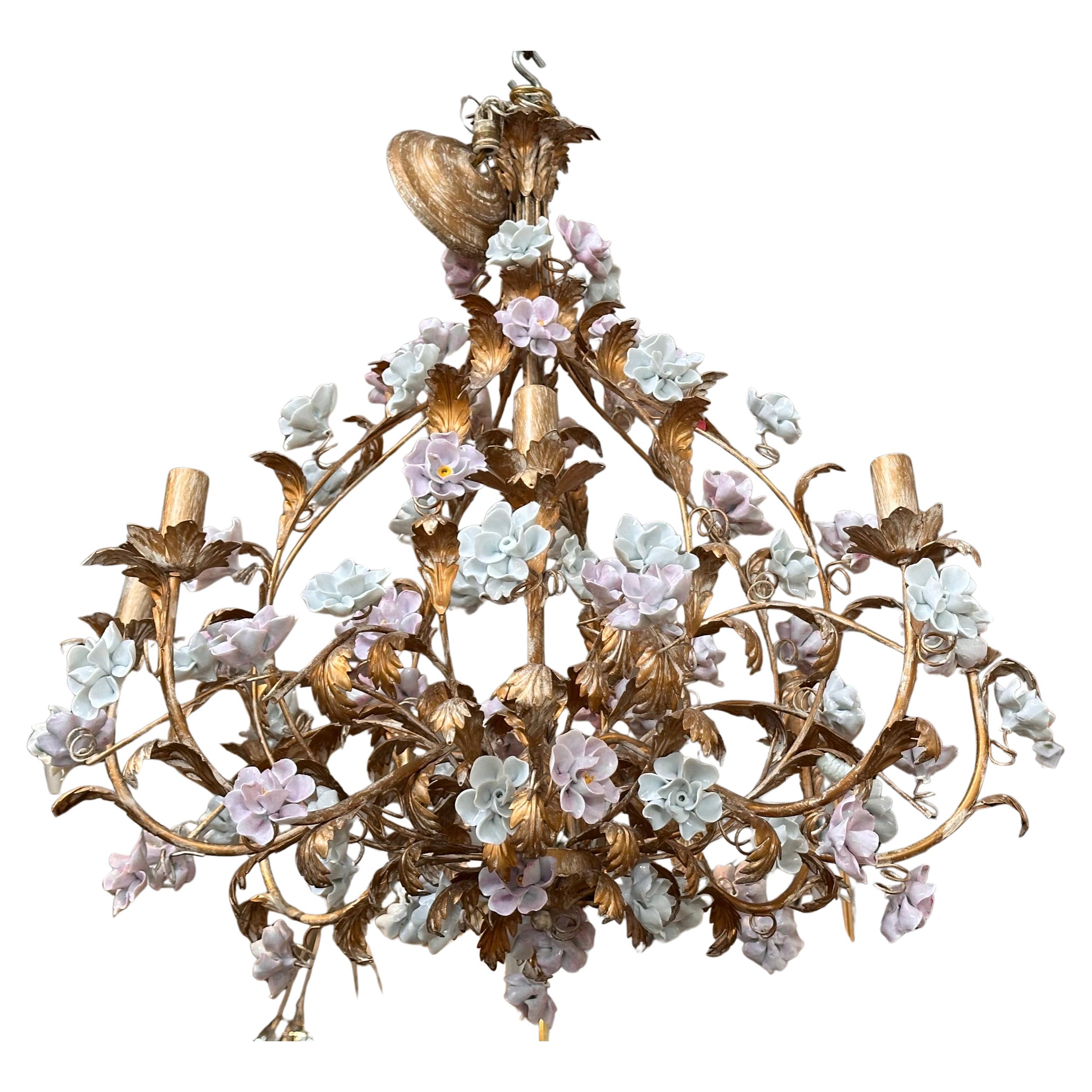 Louis XV Style Marie Antoinette Gilt Metal & Porcelain Flower Chandelier