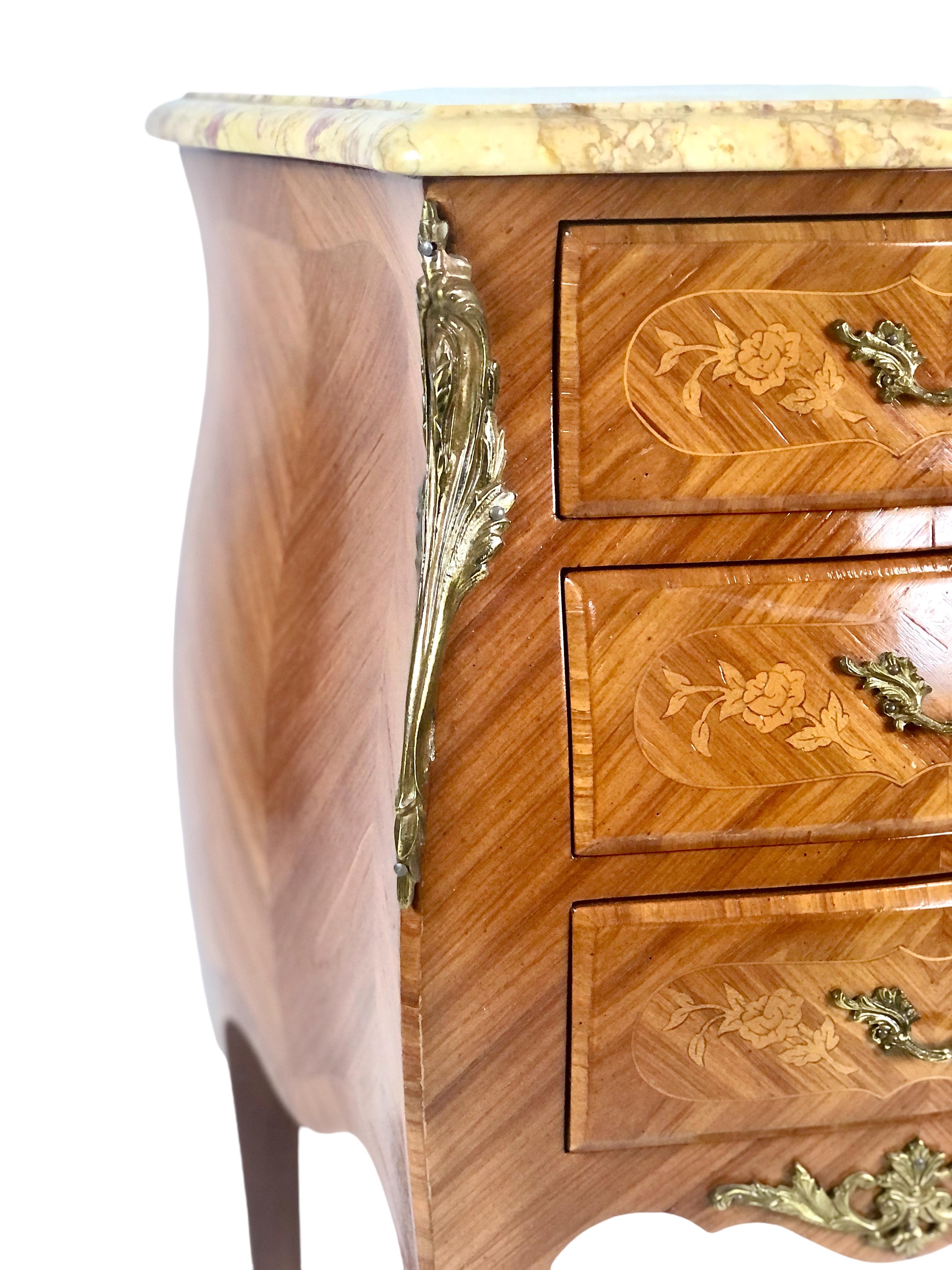 Louis XV Style Marqueted Bedside Table with Marble Top 4