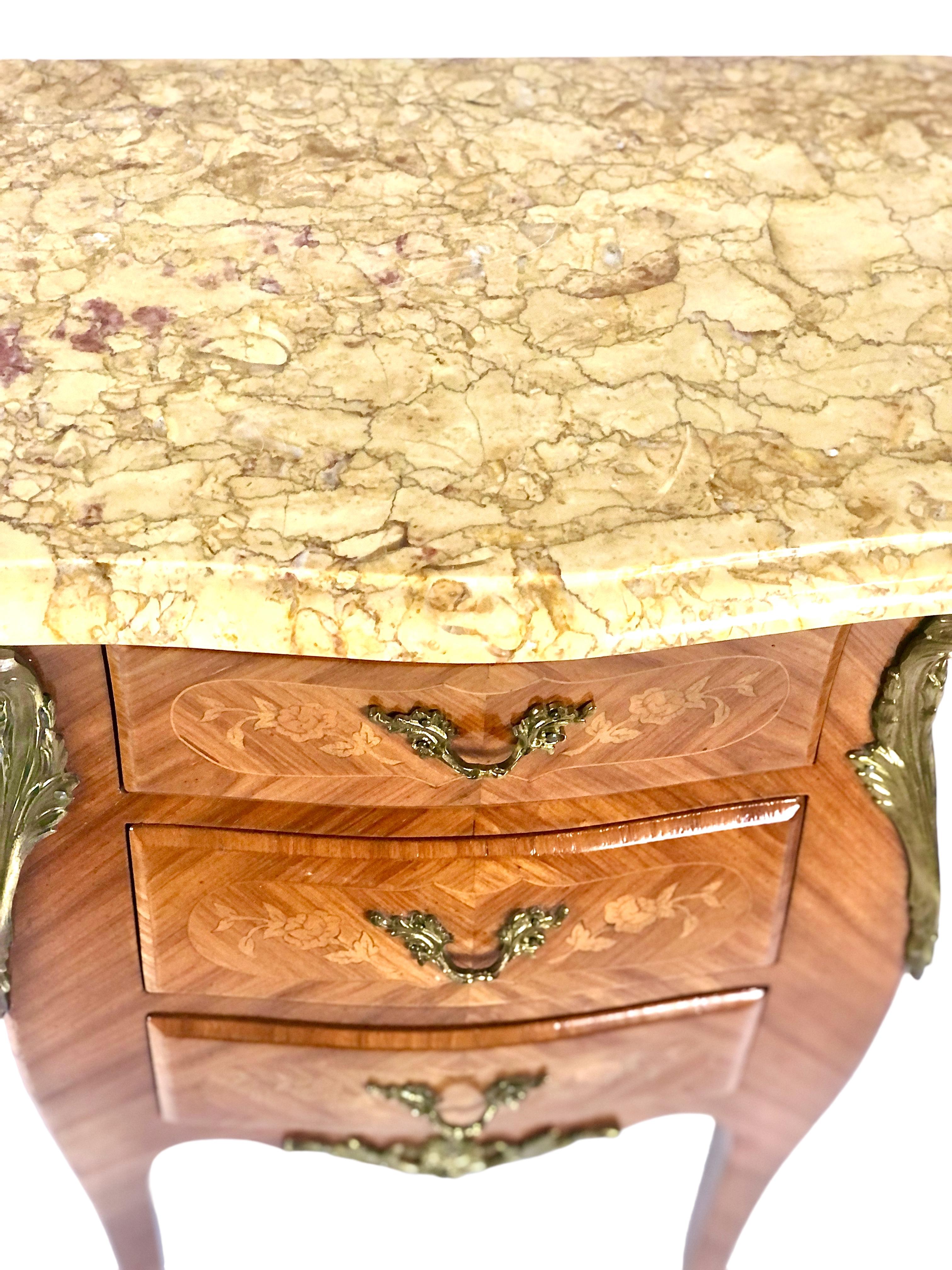 French Louis XV Style Marqueted Bedside Table with Marble Top