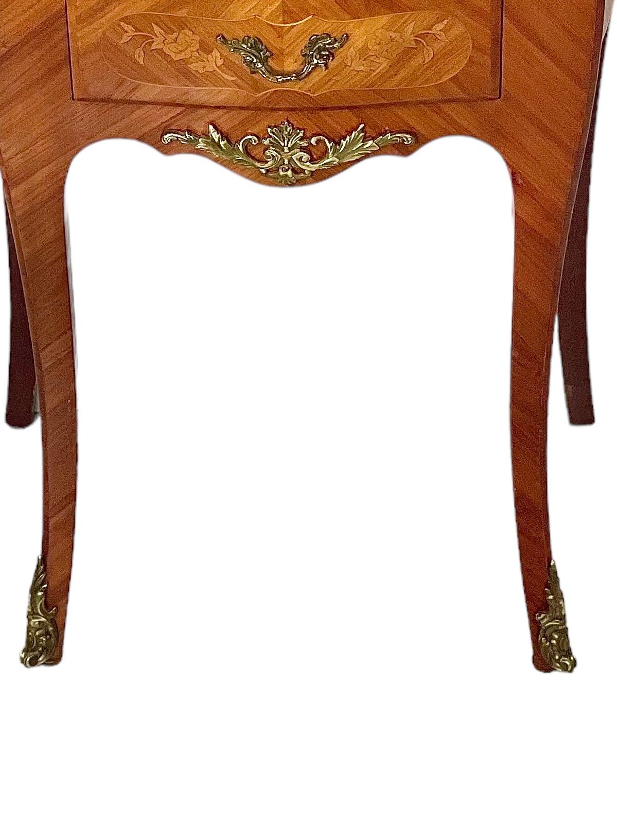 Marquetry Louis XV Style Marqueted Bedside Table with Marble Top