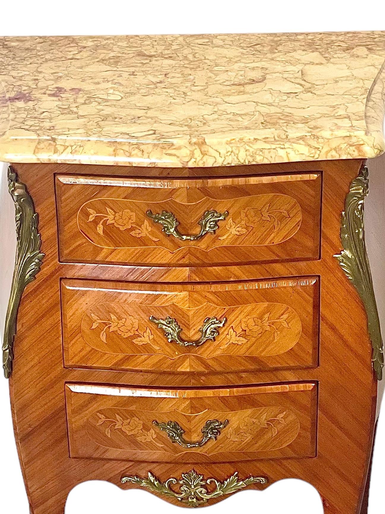 Louis XV Style Marqueted Bedside Table with Marble Top In Good Condition In LA CIOTAT, FR