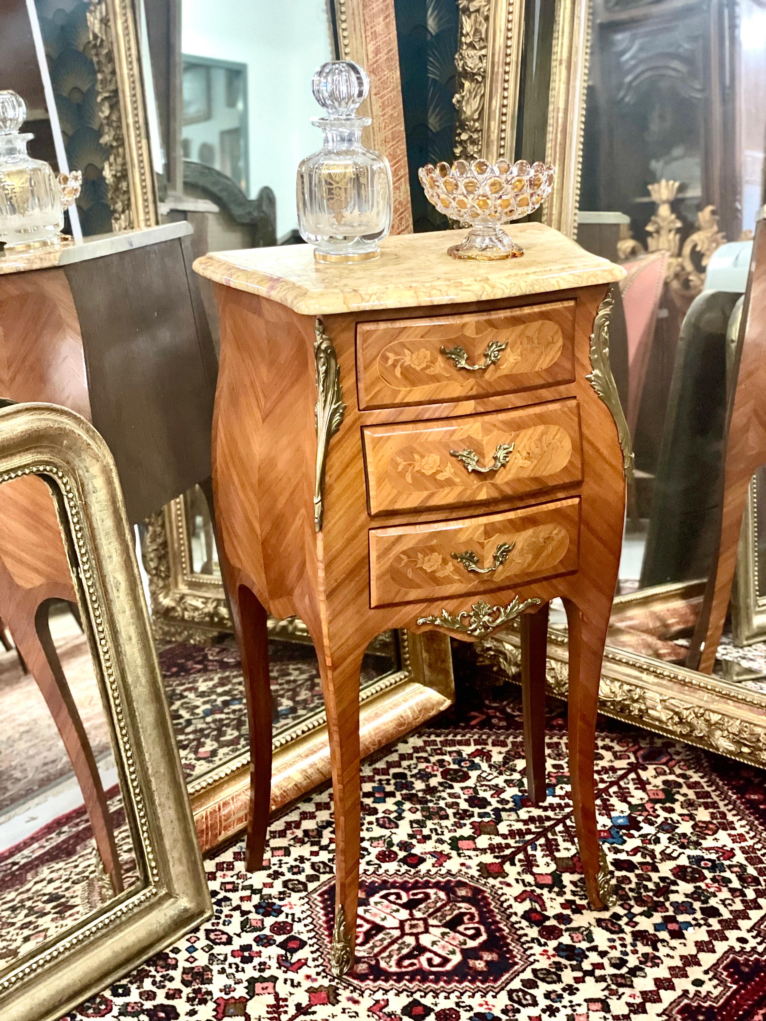 20th Century Louis XV Style Marqueted Bedside Table with Marble Top