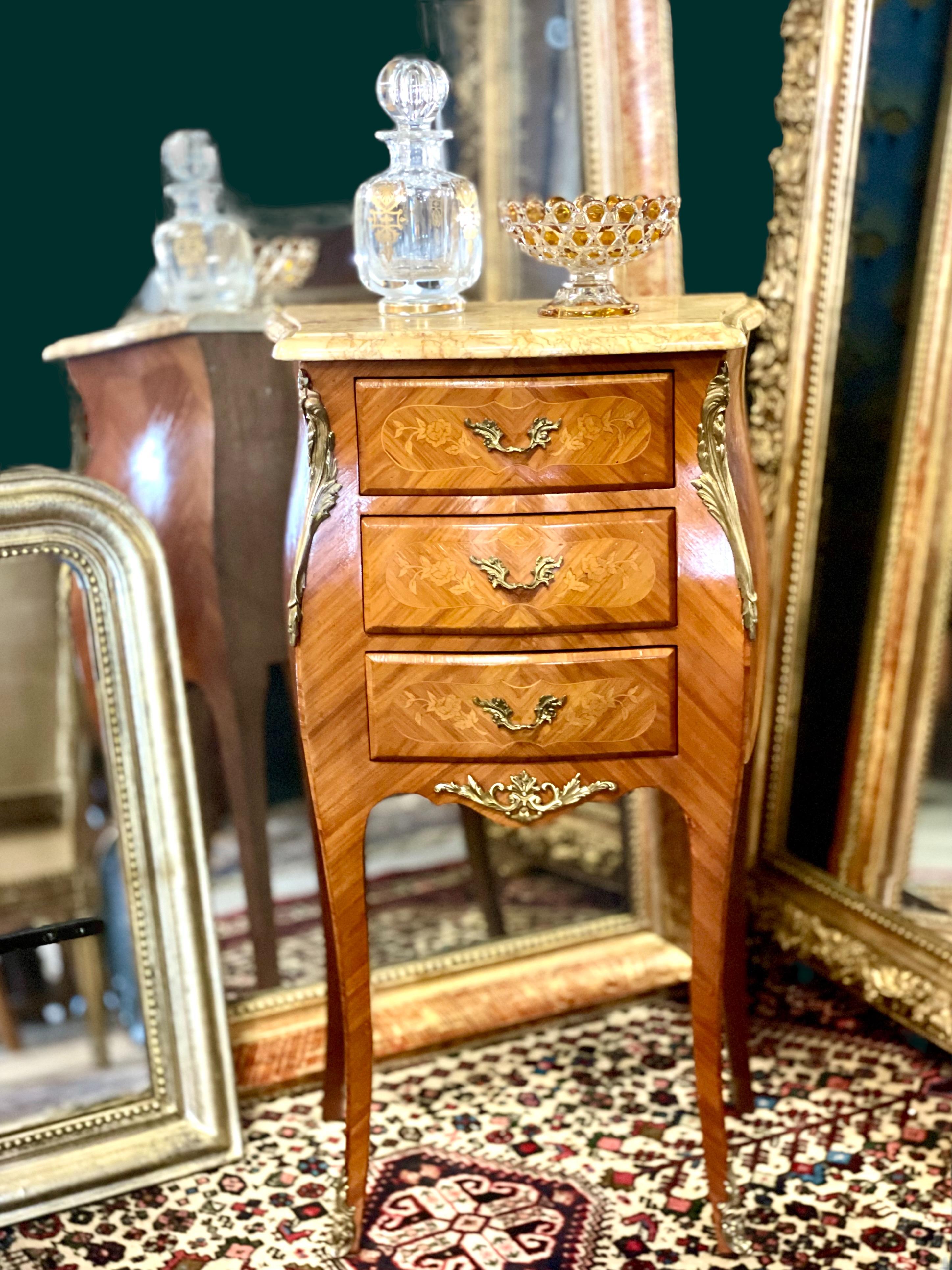 Louis XV Style Marqueted Bedside Table with Marble Top 1