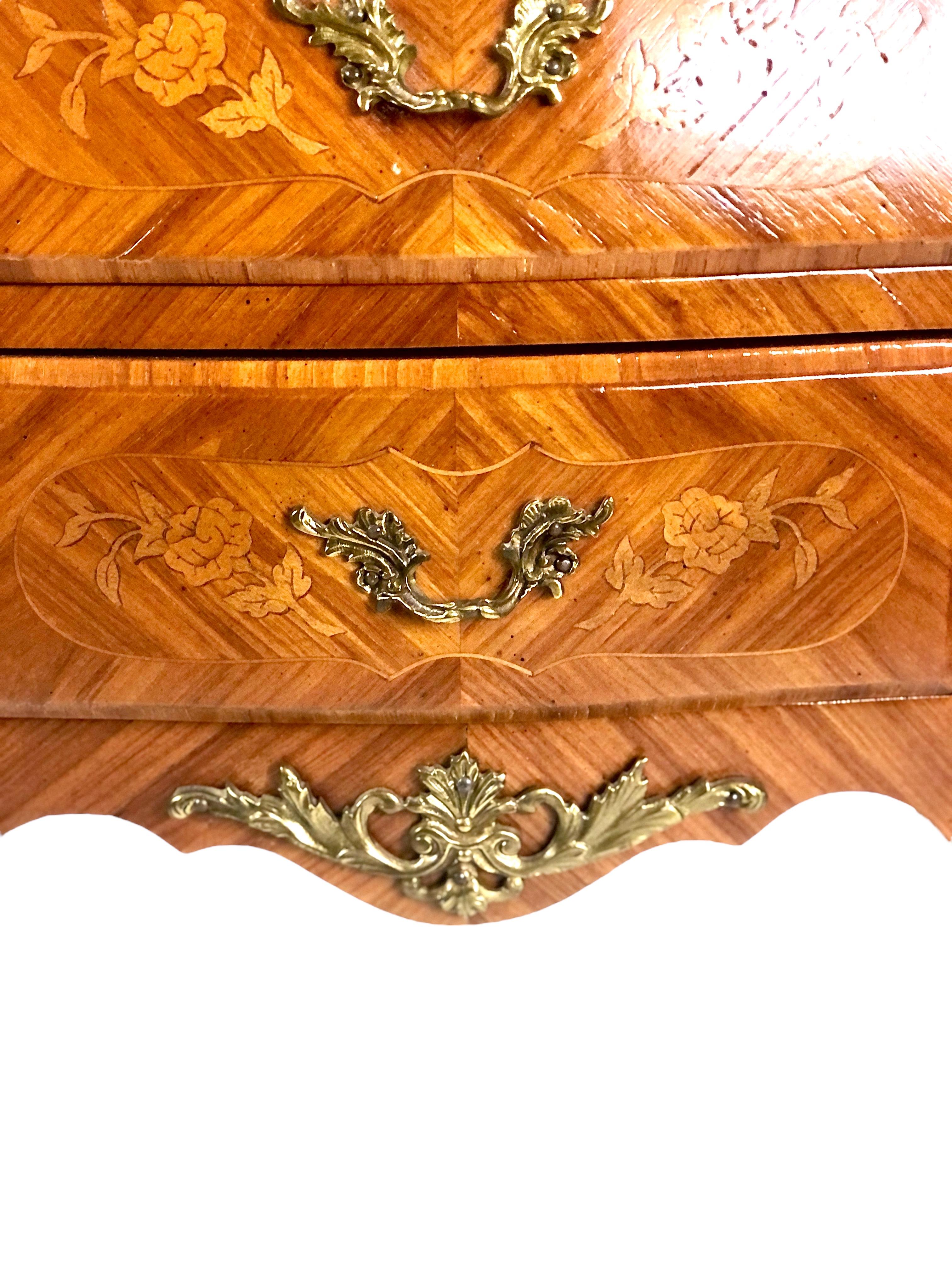 Louis XV Style Marqueted Bedside Table with Marble Top 3