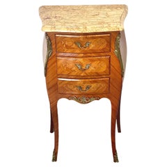 Louis XV Style Marqueted Bedside Table with Marble Top