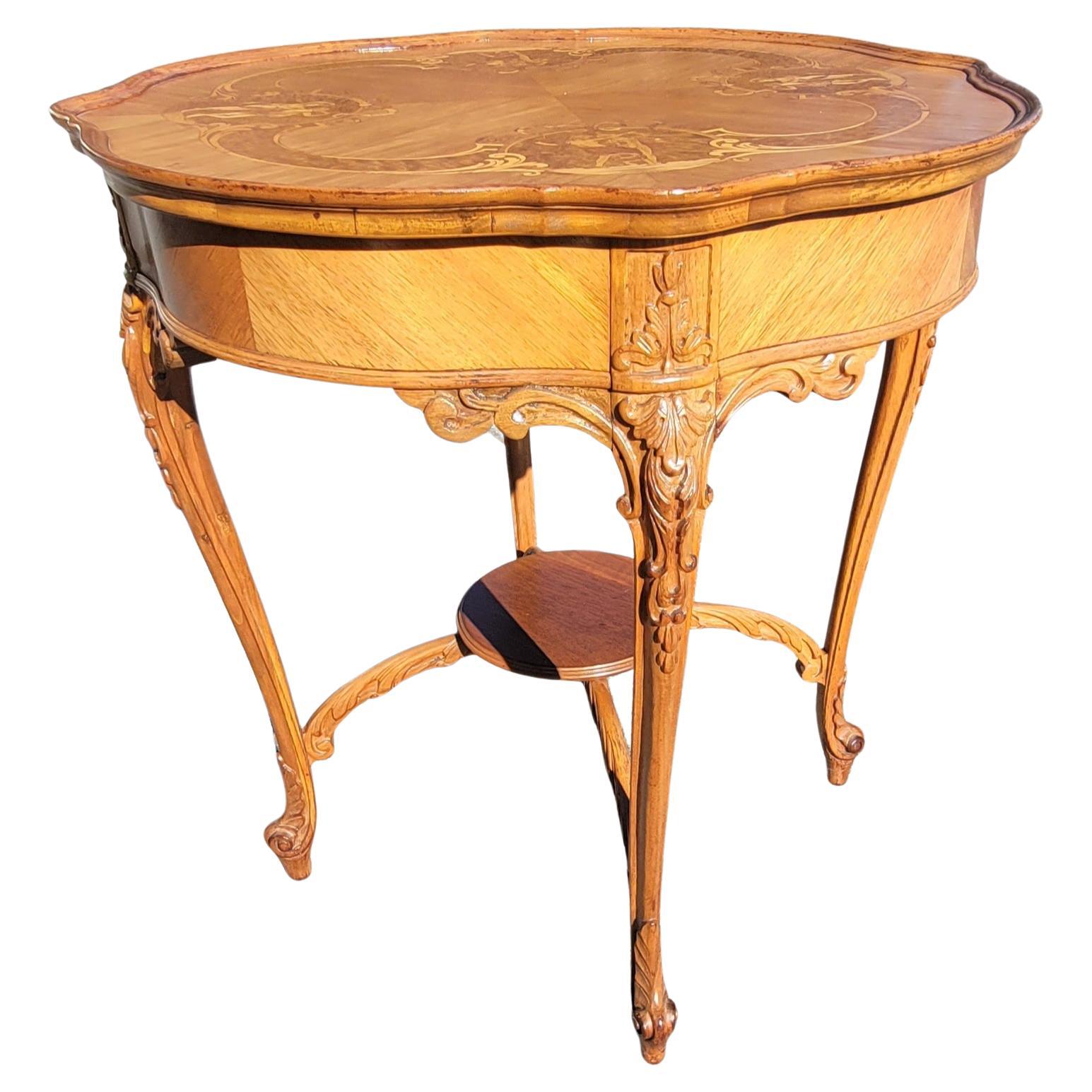 American Louis XV Style Marquetry and Carved Walnut Center Table with Center Stretcher For Sale