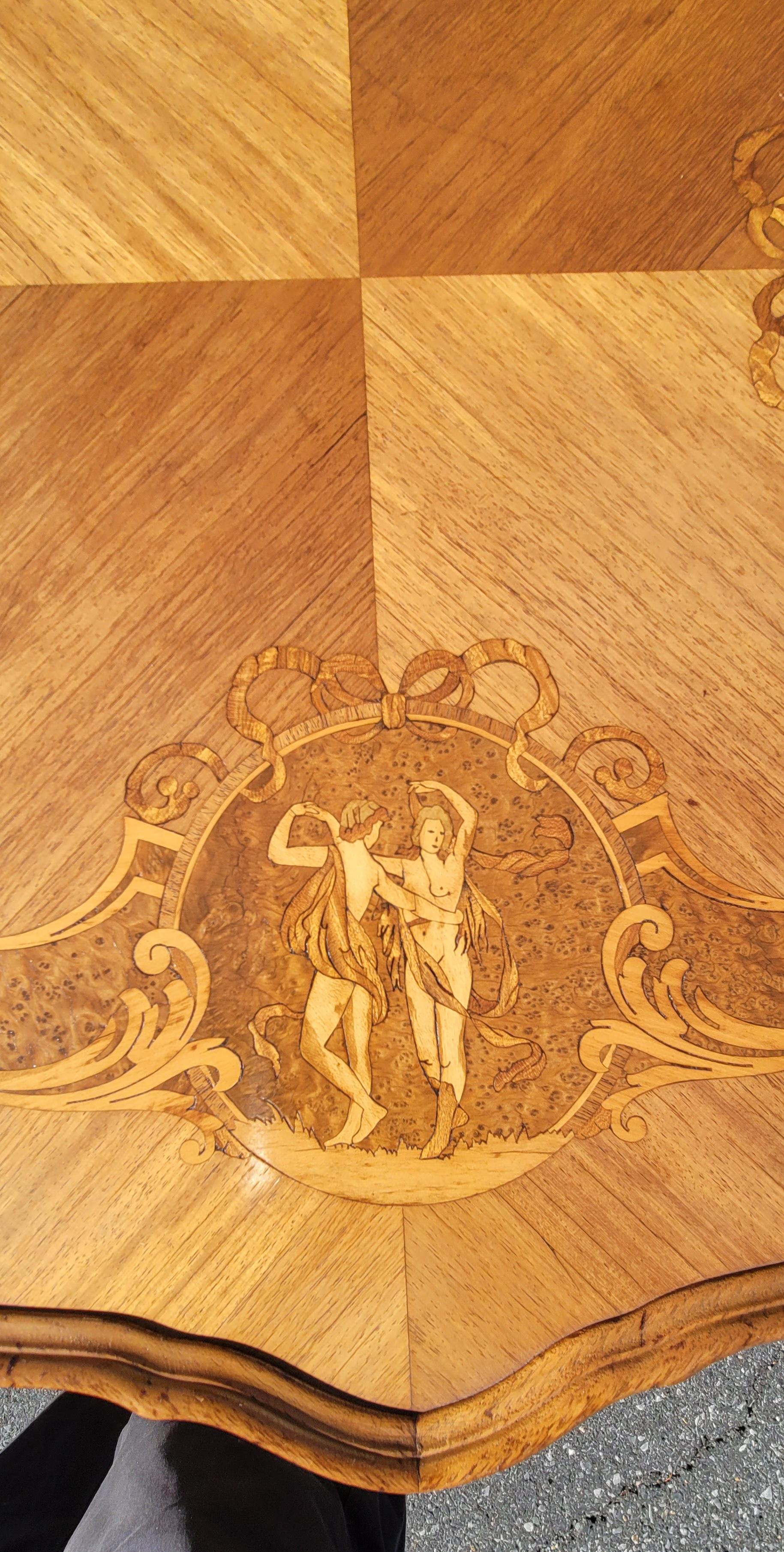 Louis XV Style Marquetry and Carved Walnut Center Table with Center Stretcher In Good Condition For Sale In Germantown, MD