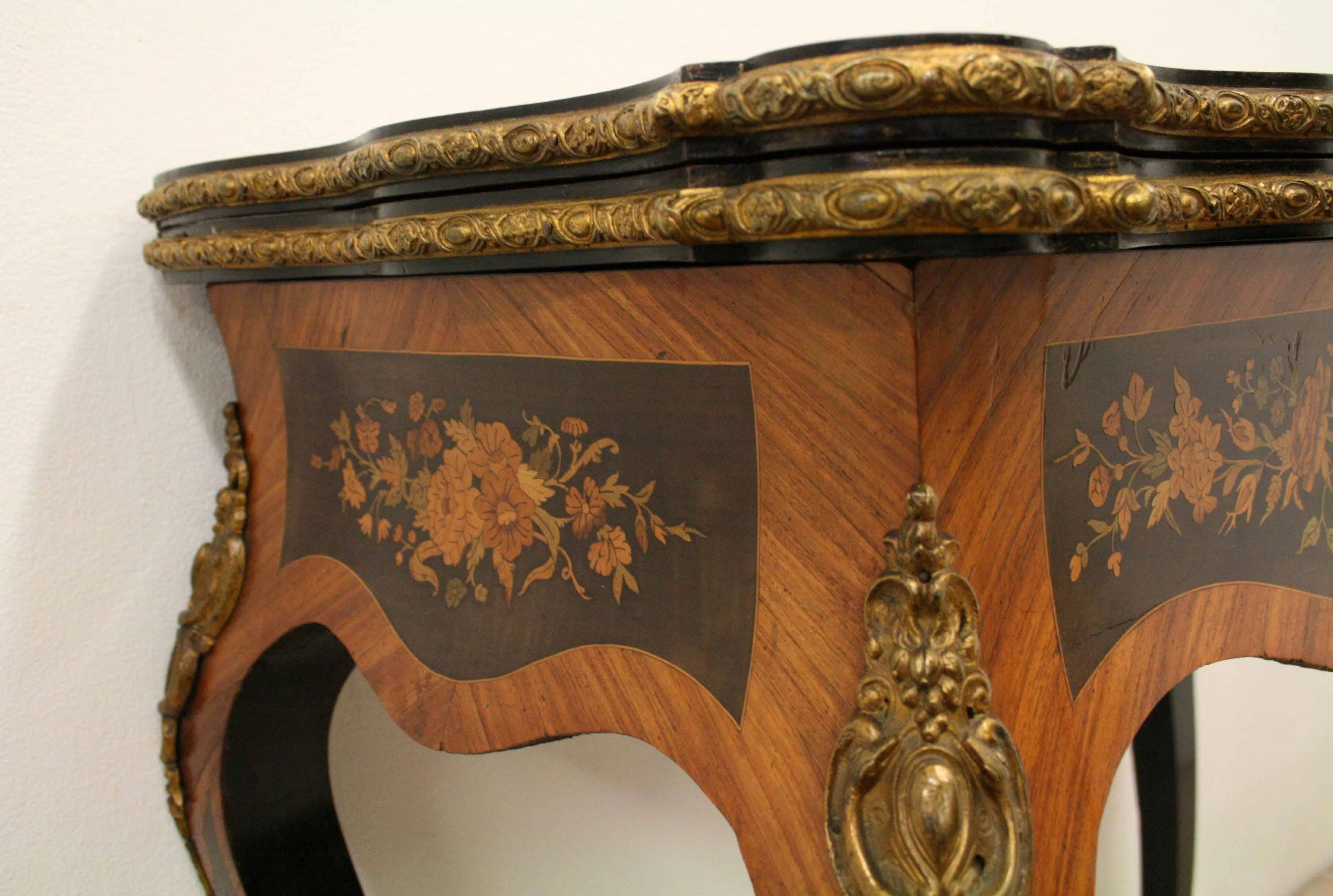 Louis XV Style Marquetry and Ormolu Mount Fold over Card Table For Sale 3