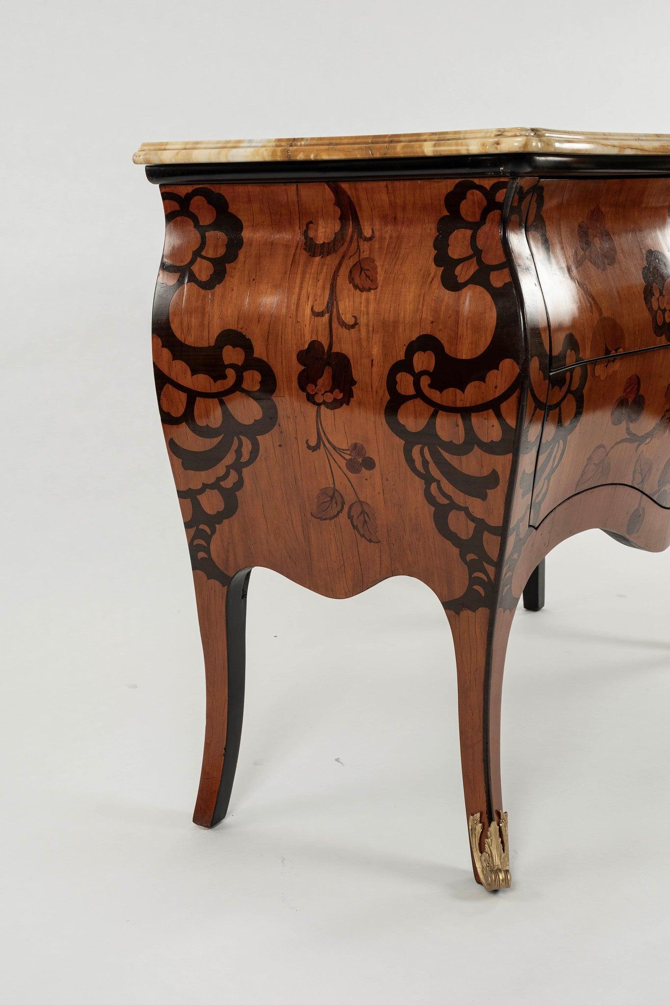 Italian Louis XV Style Marquetry Bombe Commode For Sale