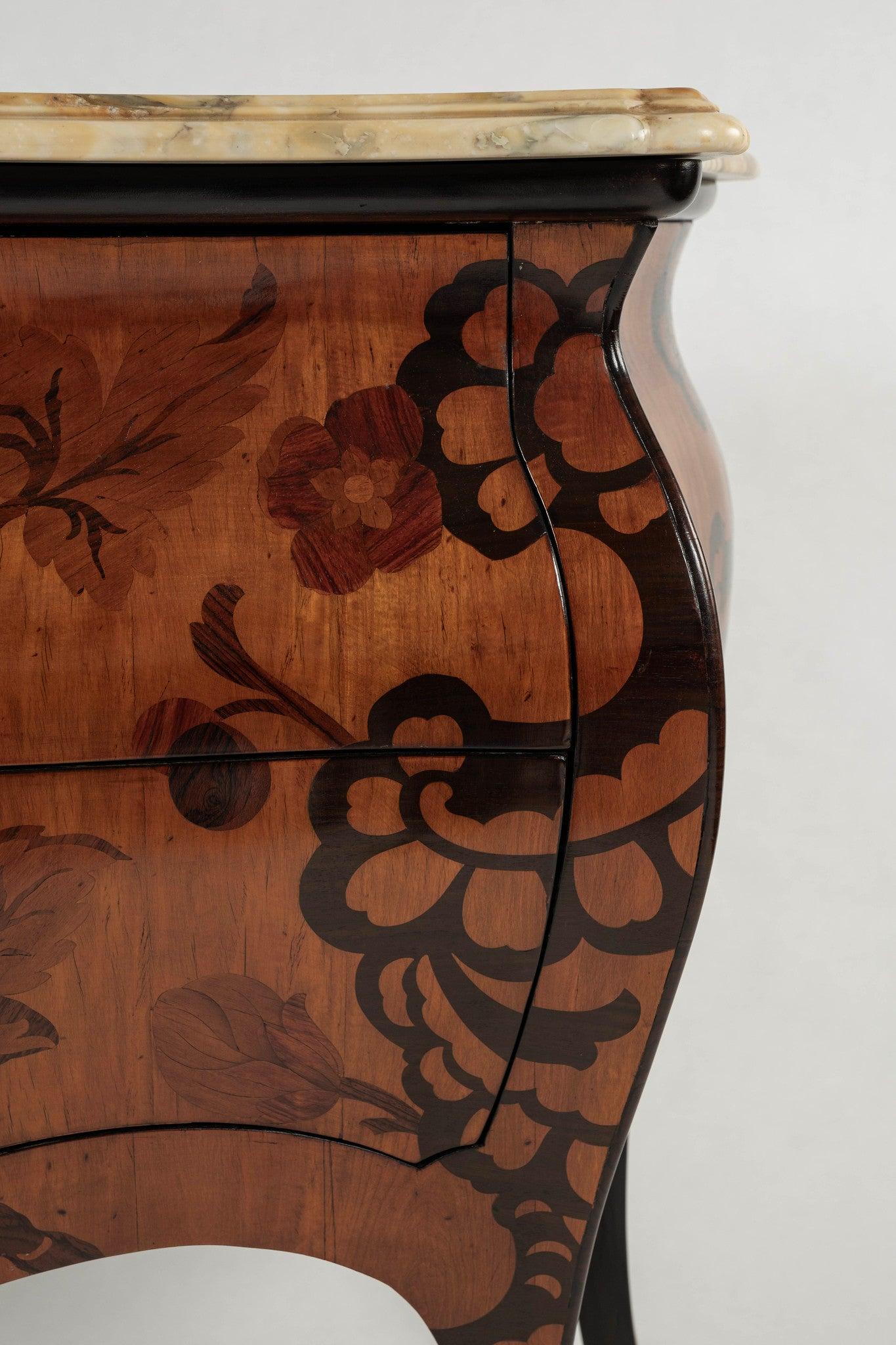 Gilt Louis XV Style Marquetry Bombe Commode For Sale