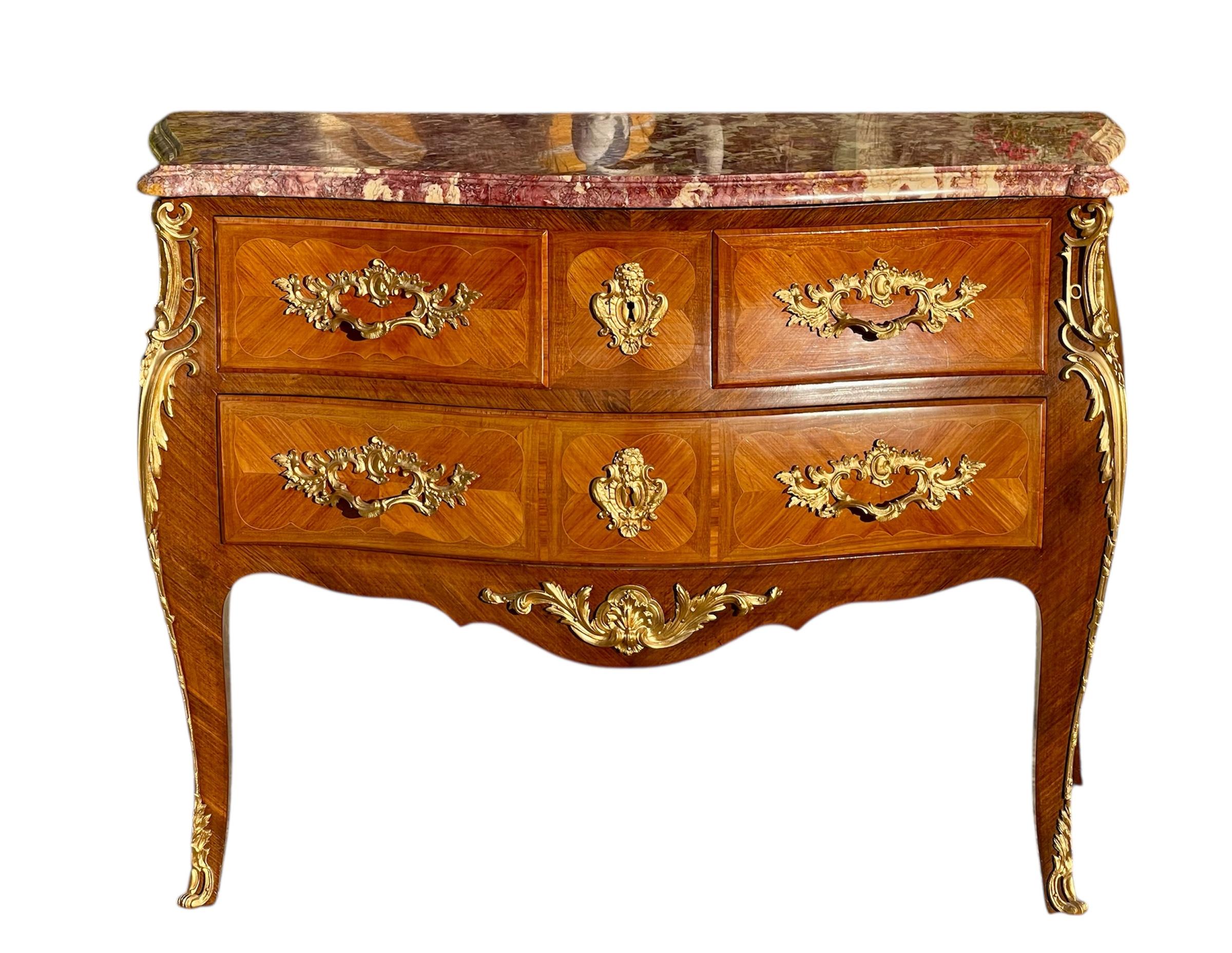 French Louis XV Style Marquetry Chest Of Drawers For Sale