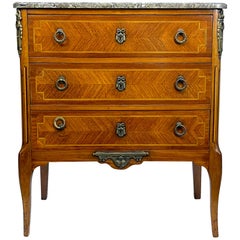 Louis XV Style Marquetry Chest with Marble Top and Ormolu Mounts