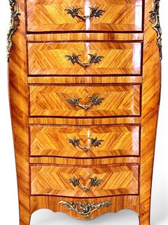 Chiffonier de estilo Luis XV con marquetería o cómoda de 5 cajones con tapa de mármol