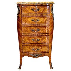 Chiffonier de estilo Luis XV con marquetería o cómoda de 5 cajones con tapa de mármol