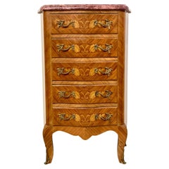 Vintage Louis XV Style Marquetry Chiffonnier with Pink Marble Top and Ormolu Mounts